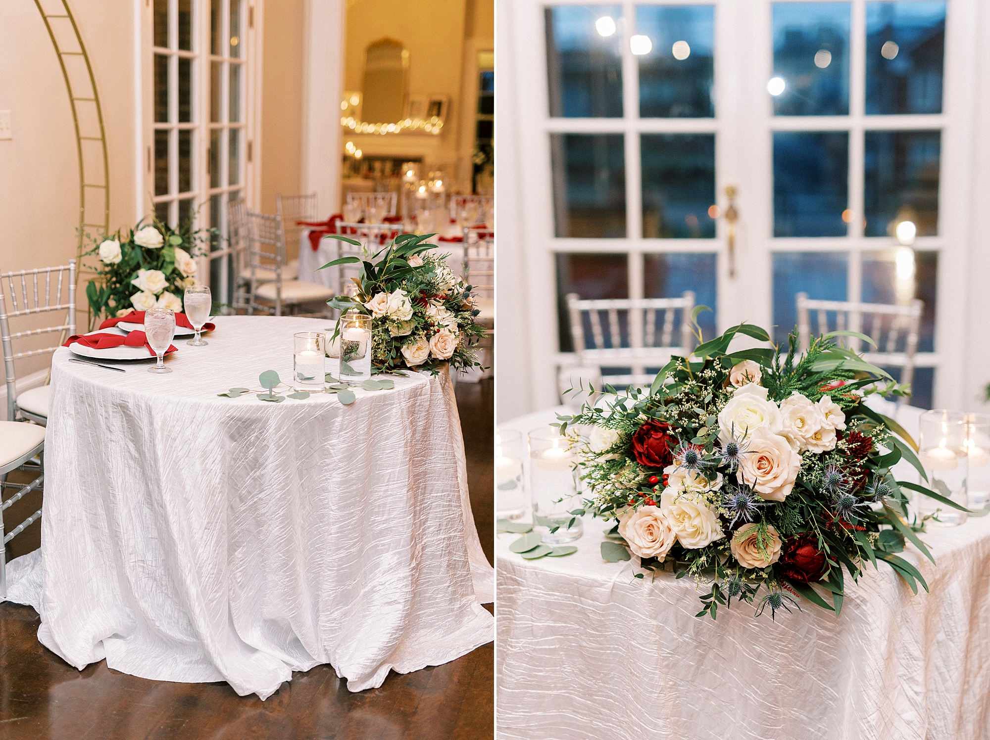 white and red flower arrangements rest on table for wedding reception inside Separk Mansion