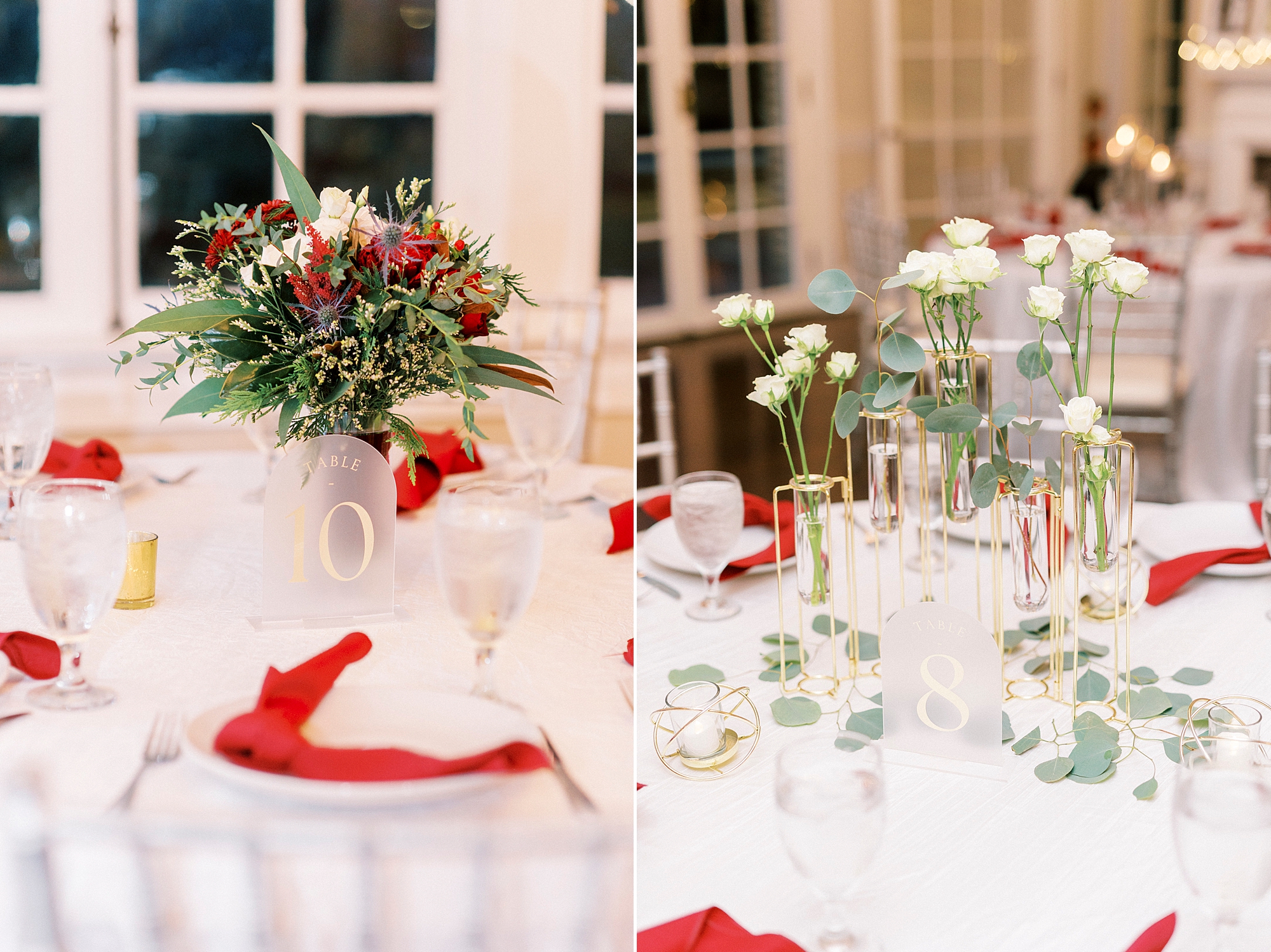 red napkins, white table cloth, and red and white floral arrangements for wedding reception inside Separk Mansion