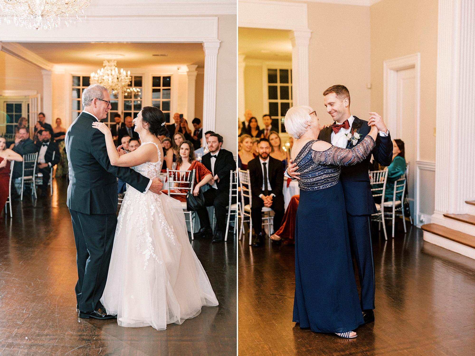 bride and groom dance with parents during wedding reception inside Separk Mansion
