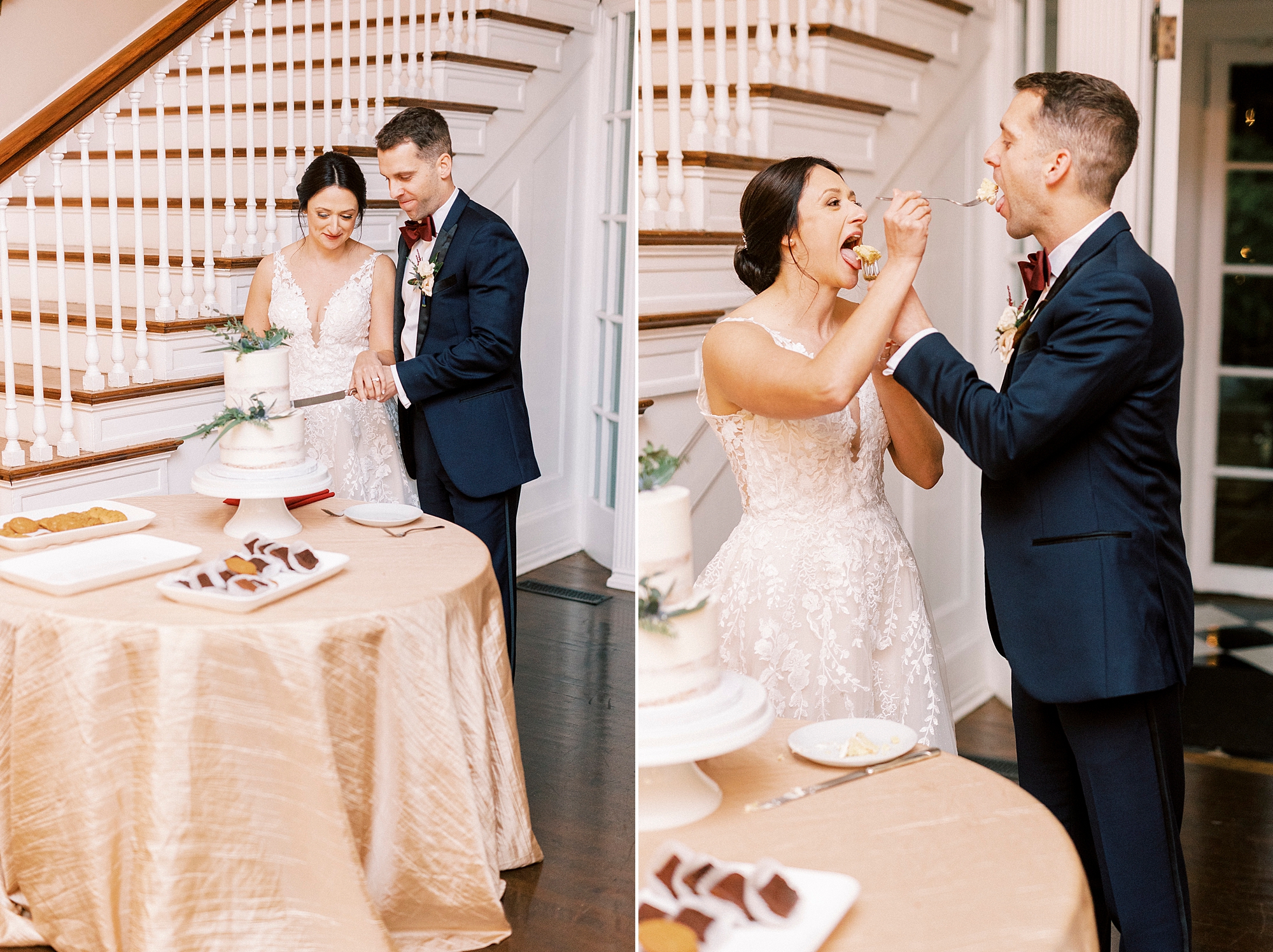 bride and groom feed each other cake during NC wedding reception 