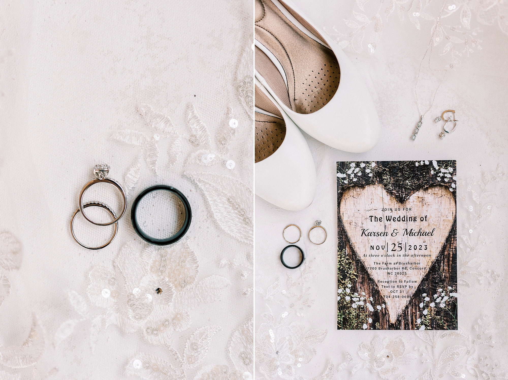 bride's rings rest on veil with rustic wedding invitation for fall wedding