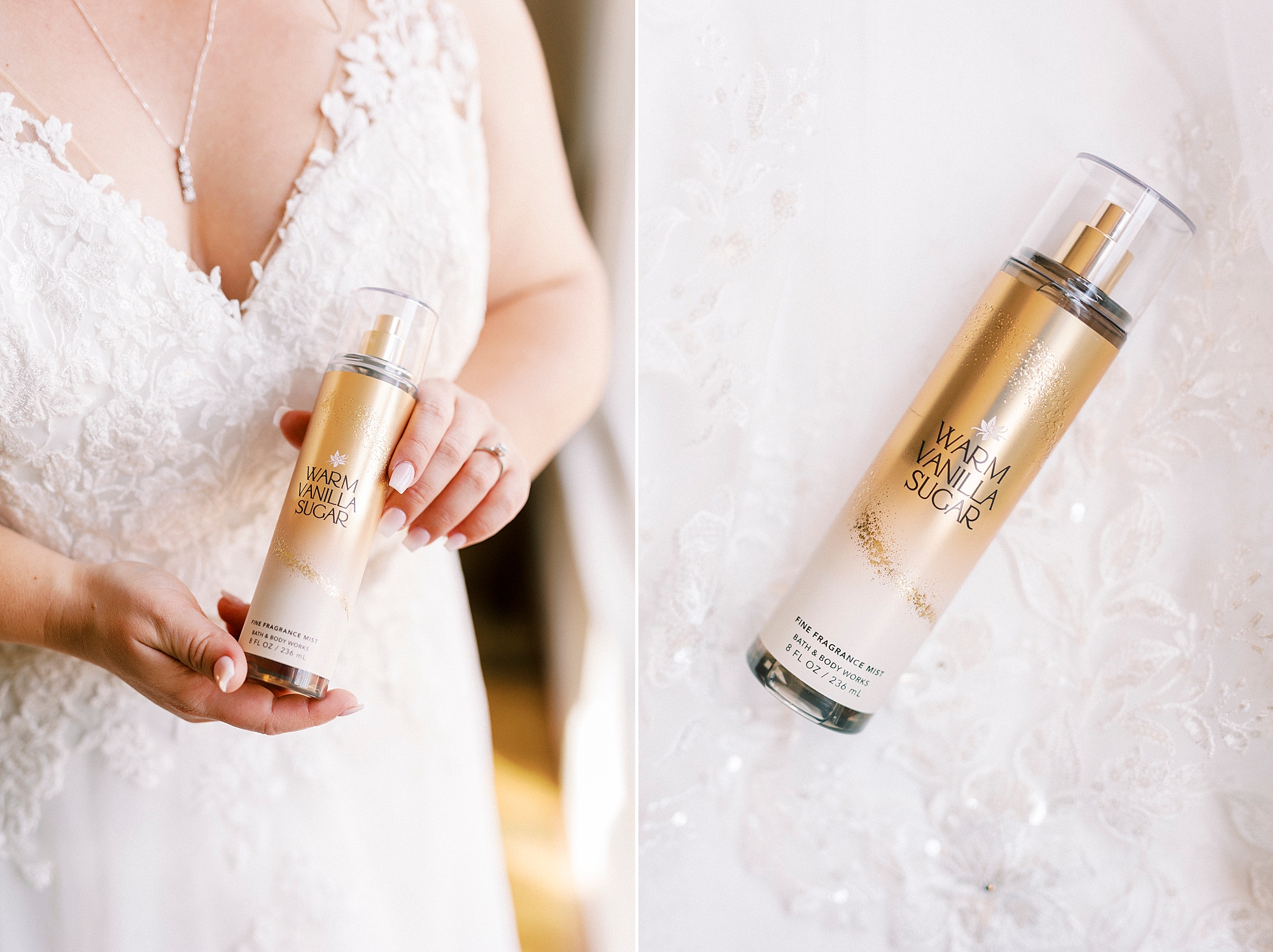 bride holds perfume bottle before fall wedding at the Farm at Brusharbor