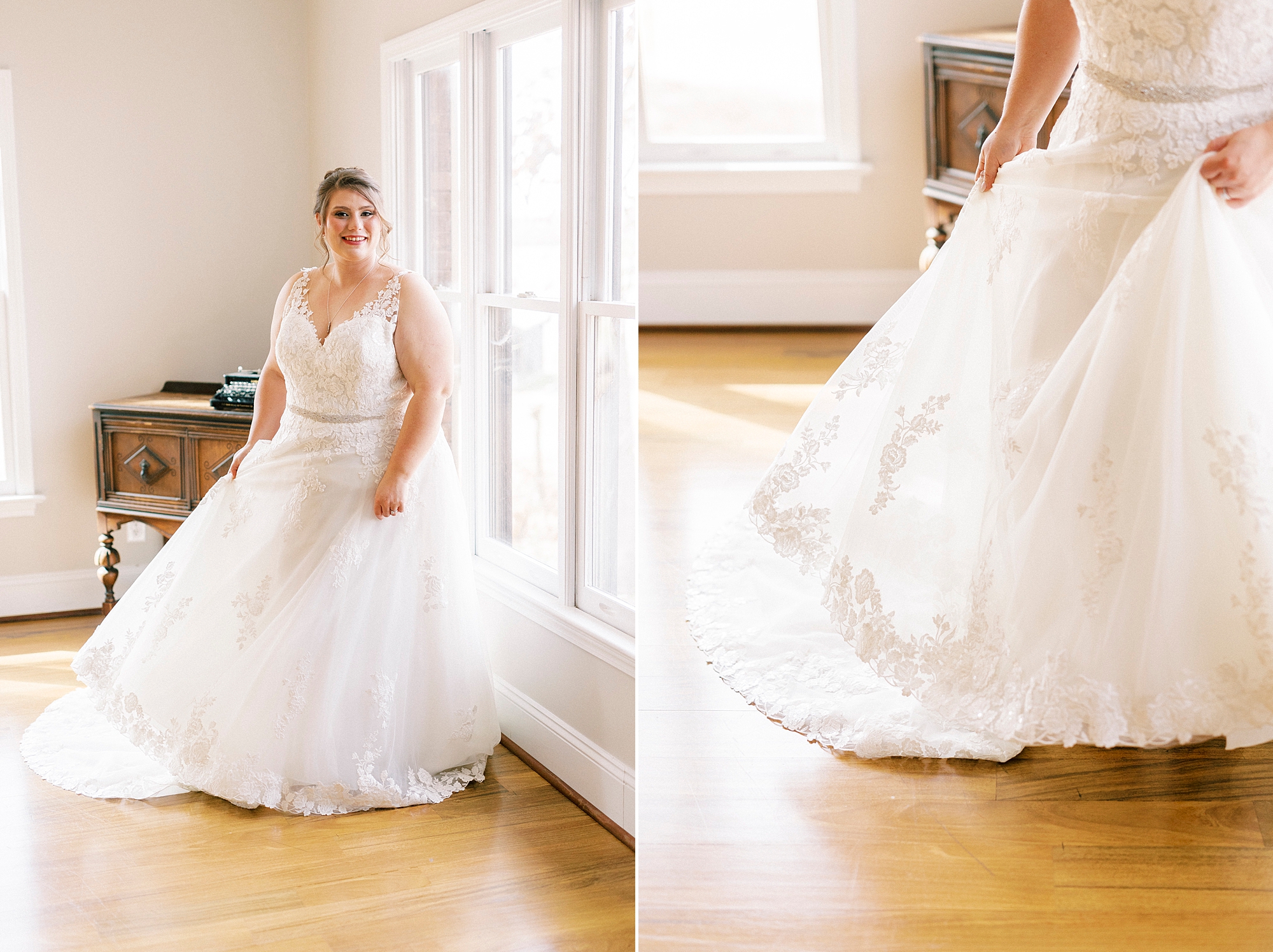bride shows off wedding dress twisting skirt inside the suite at the Farm at Brusharbor