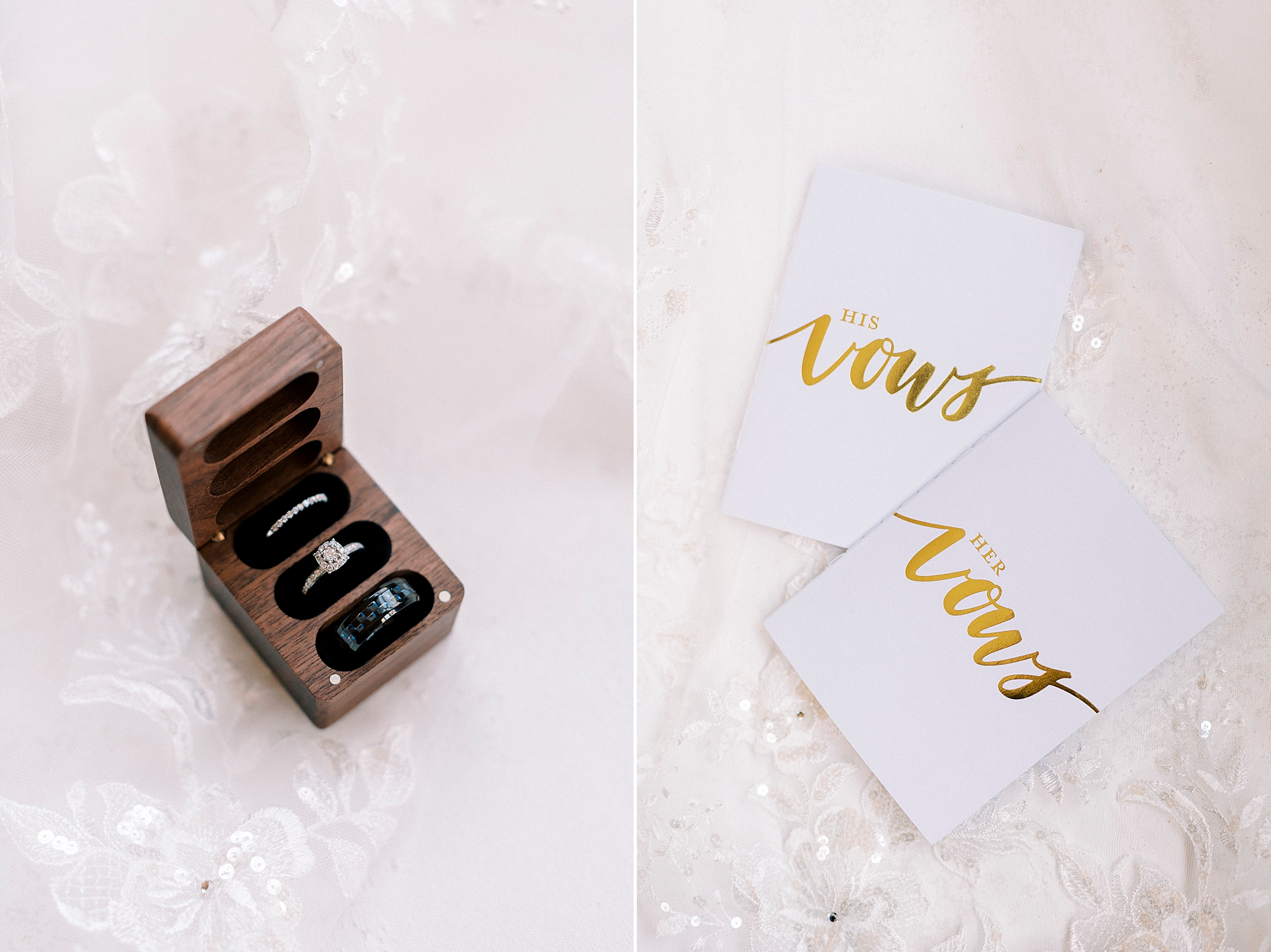 gold and white vow booklets and wooden ring box