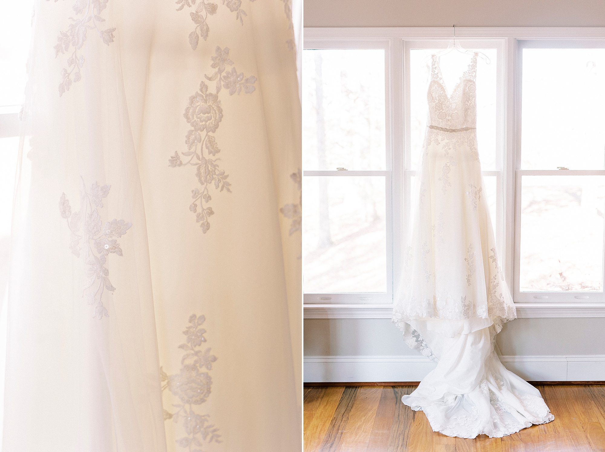 wedding dress with lace overlay hangs in window of bridal suite at the Farm at Brusharbor