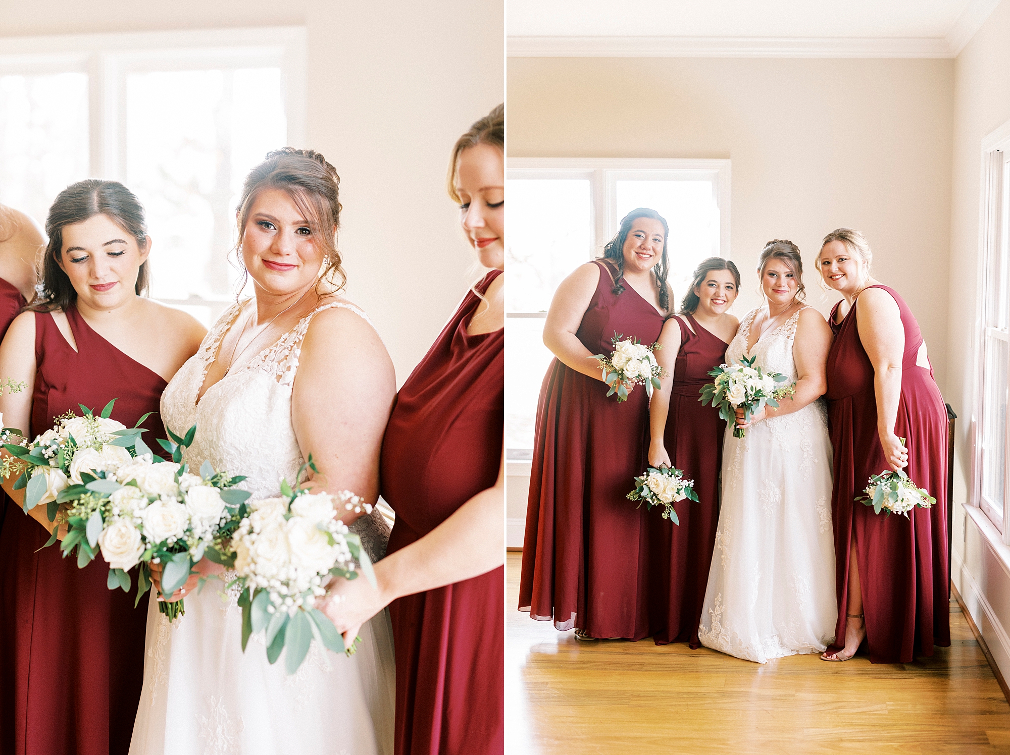bride poses with bridesmaids in red gowns inside suite at the Farm at Brusharbor