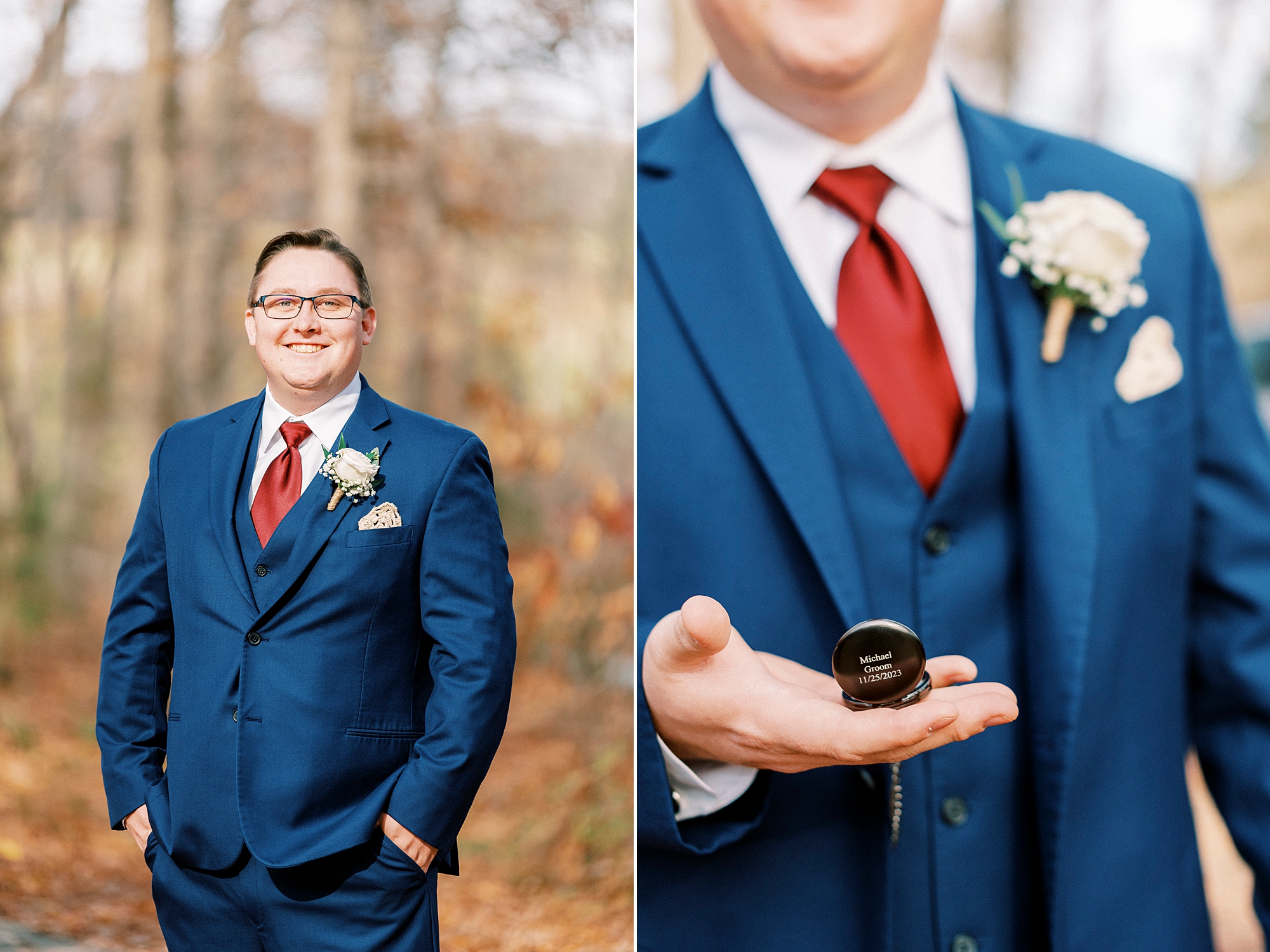 groom holds custom pocket watch in pocket of navy suit 