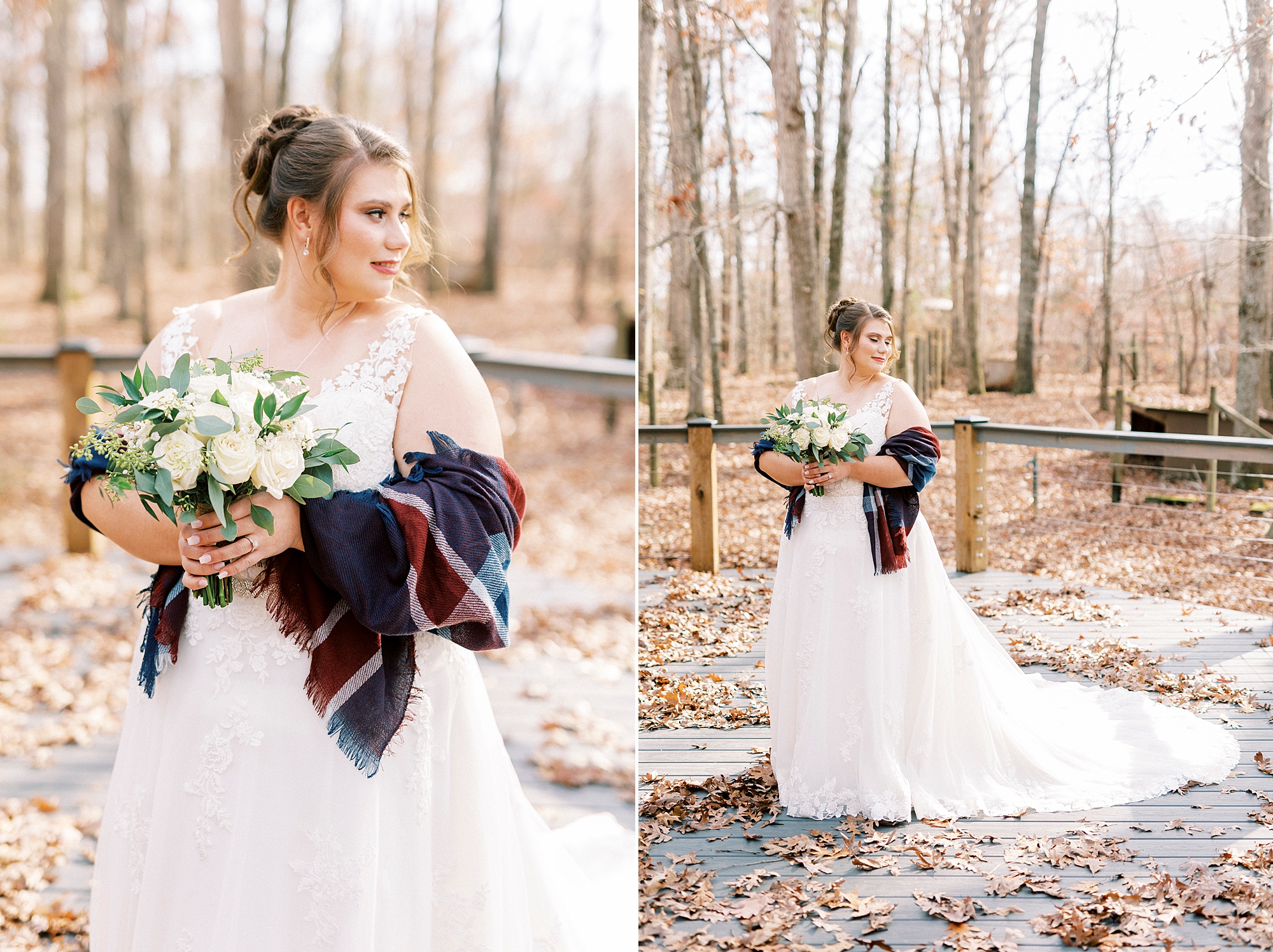bride poses in woods of the Farm at Brusharbor with plaid shawl around shoulders 