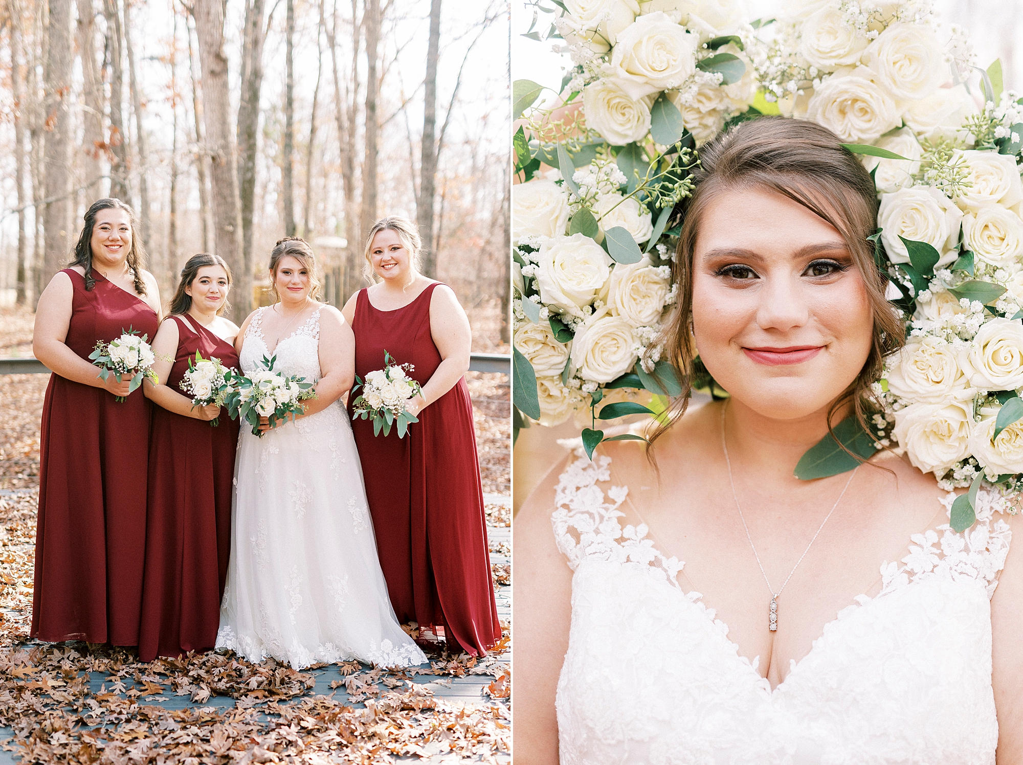 bride poses with bridesmaids in red gowns holding flowers in frame around her face 