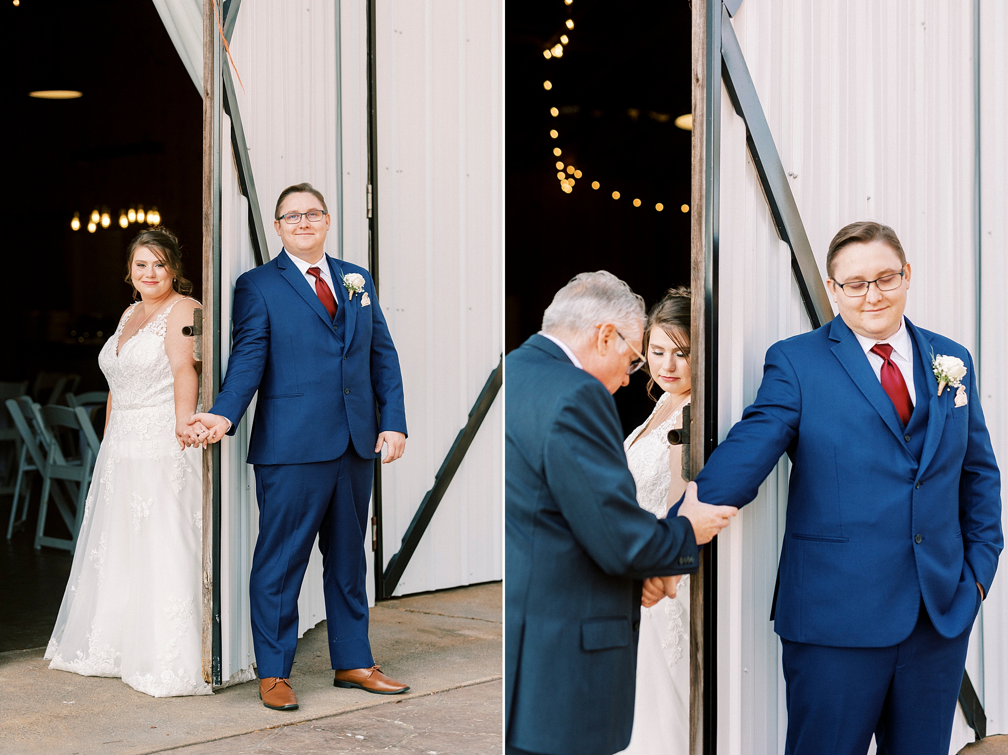 grandfather helps bride and groom hold hands around barn door for first touch 
