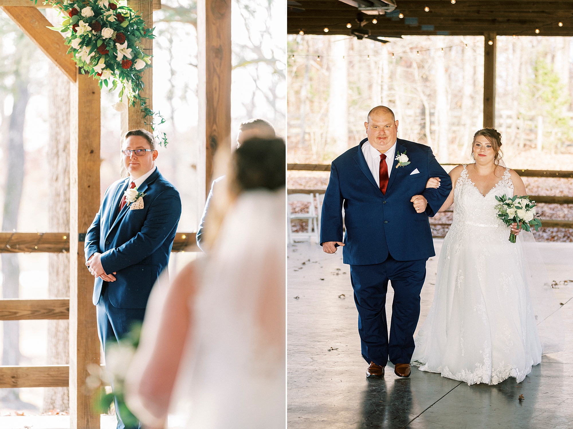 groom watches bride down aisle with father under pavilion at the Farm at Brusharbor