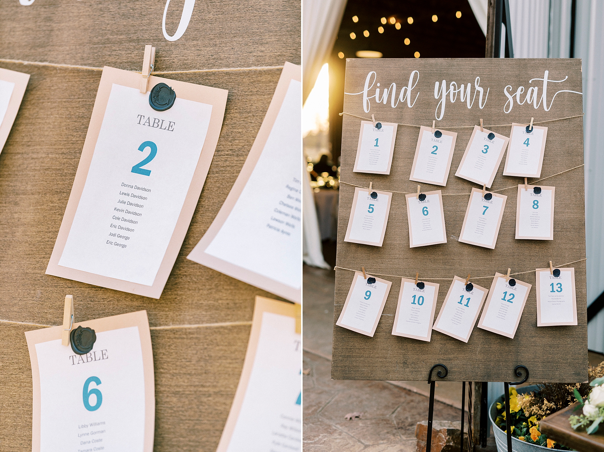 seating chart hangs on wooden slab with wax seal at the Farm at Brusharbor