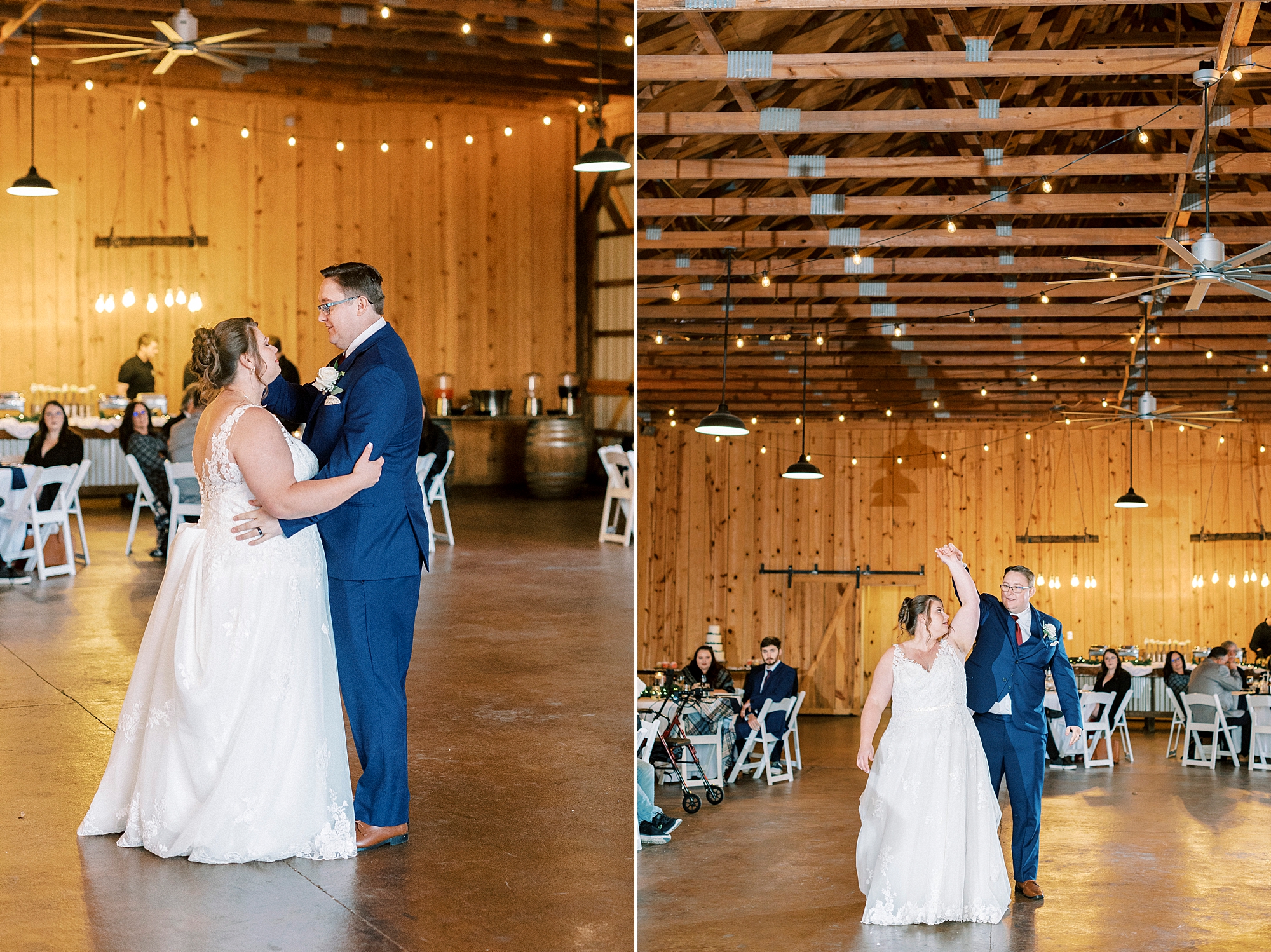 bride and groom have first dance in barn at the Farm at Brusharbor