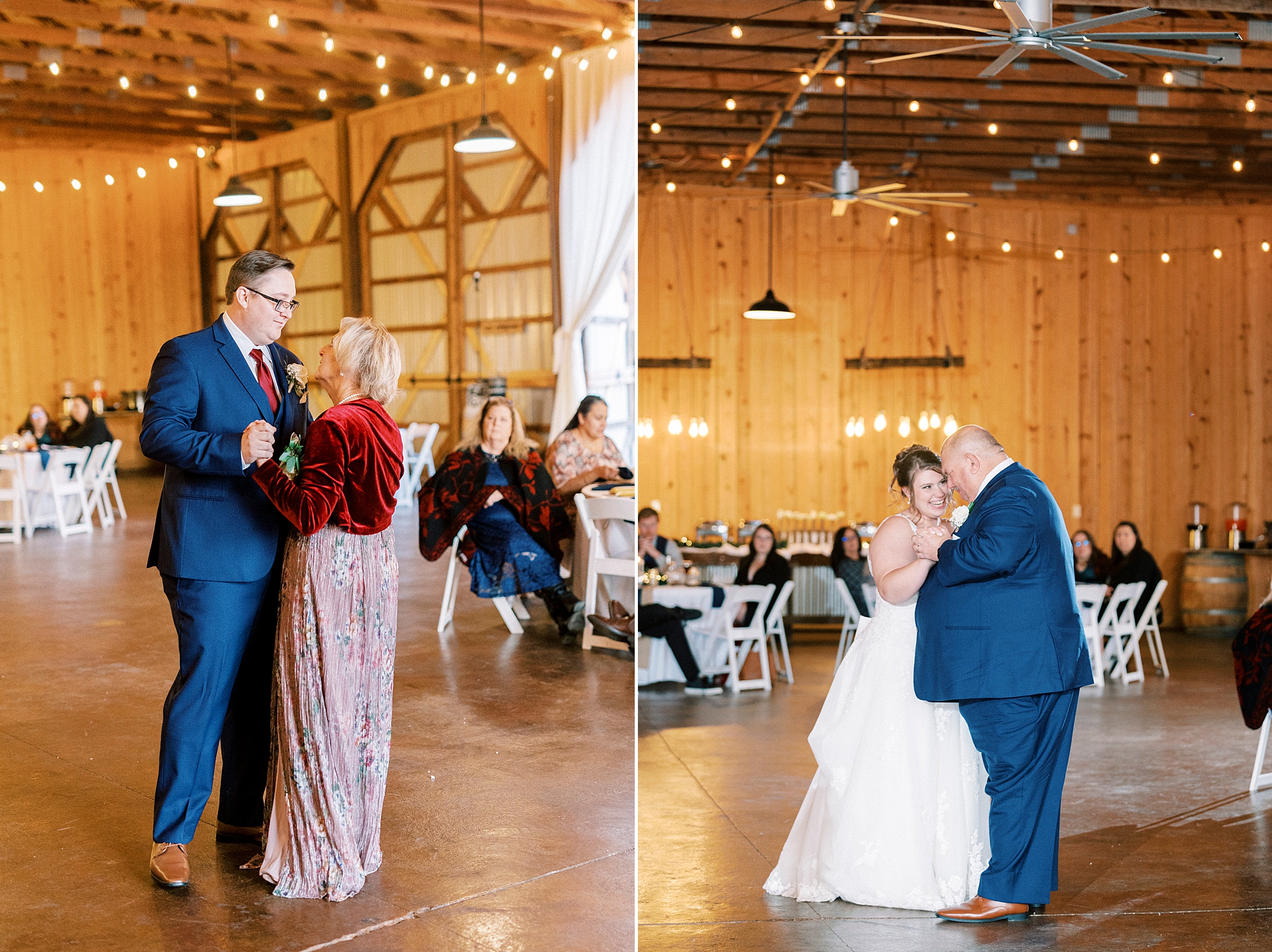 bride and groom dance with parents during NC wedding reception in barn