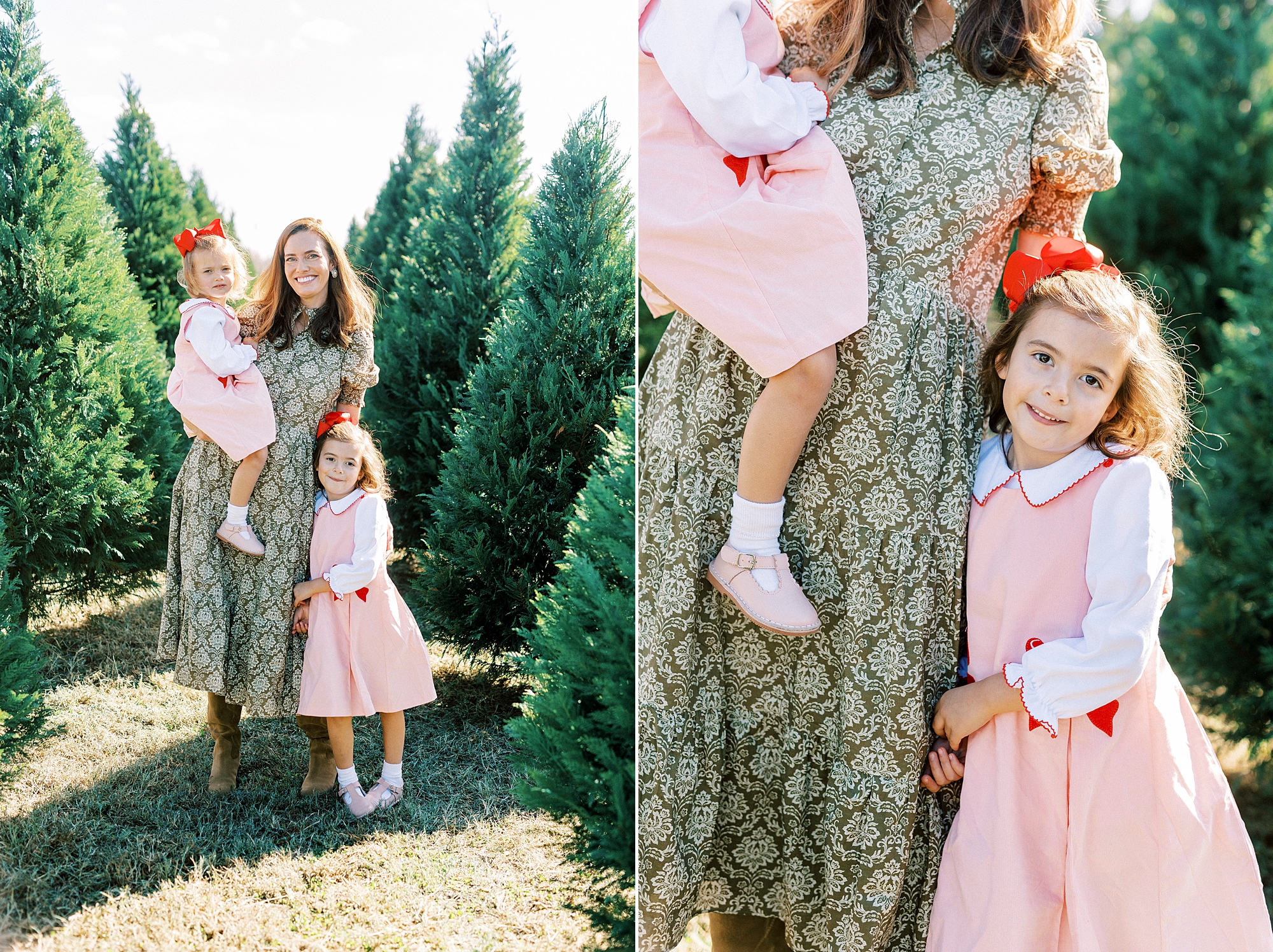 mom stands with two daughters in pink dresses by her side during mini sessions at Penland Christmas Tree Farm