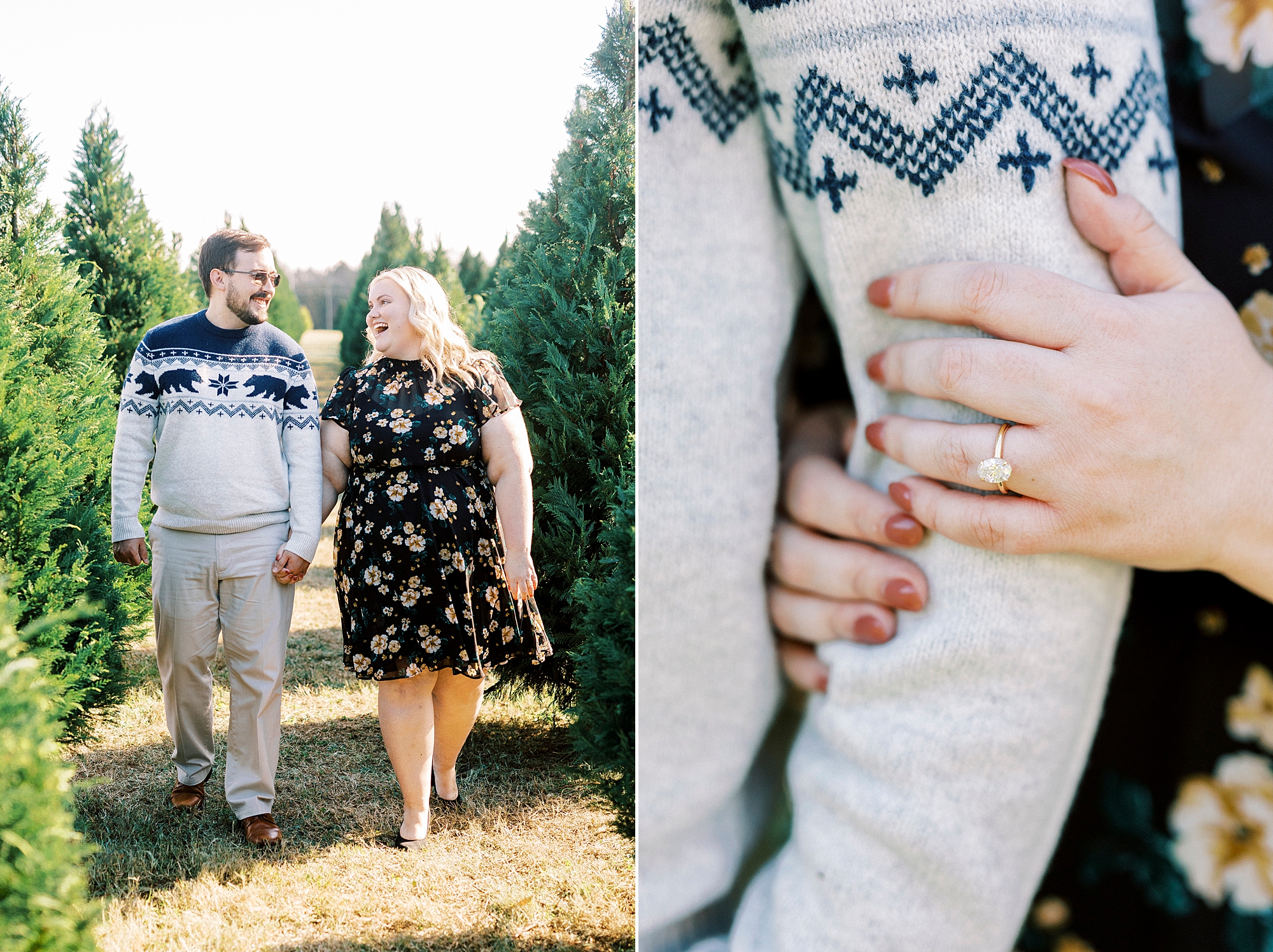 woman holds man's arm showing off engagement ring during holiday mini sessions at tree farm