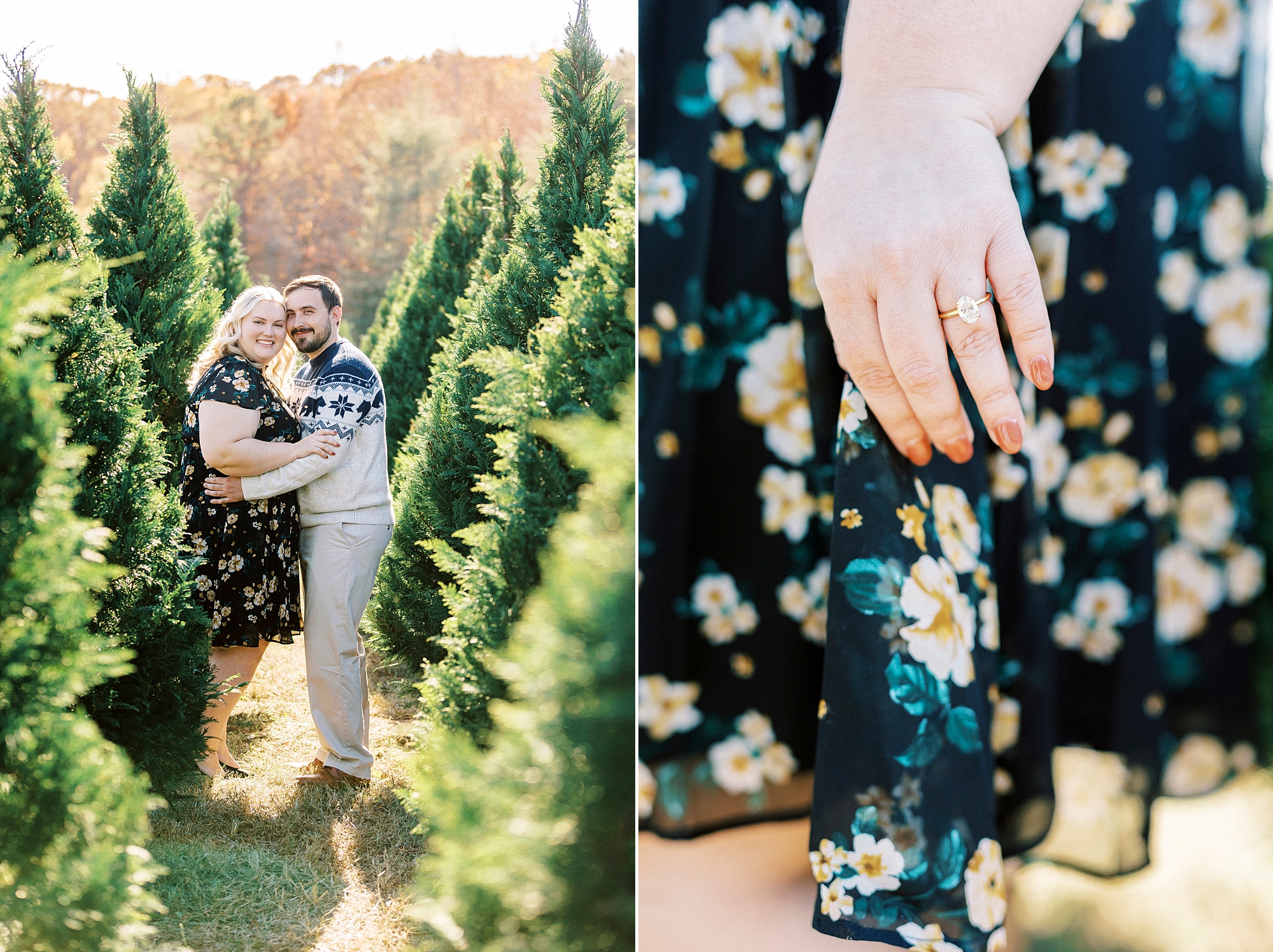 woman shows off engagement ring in front of floral dress