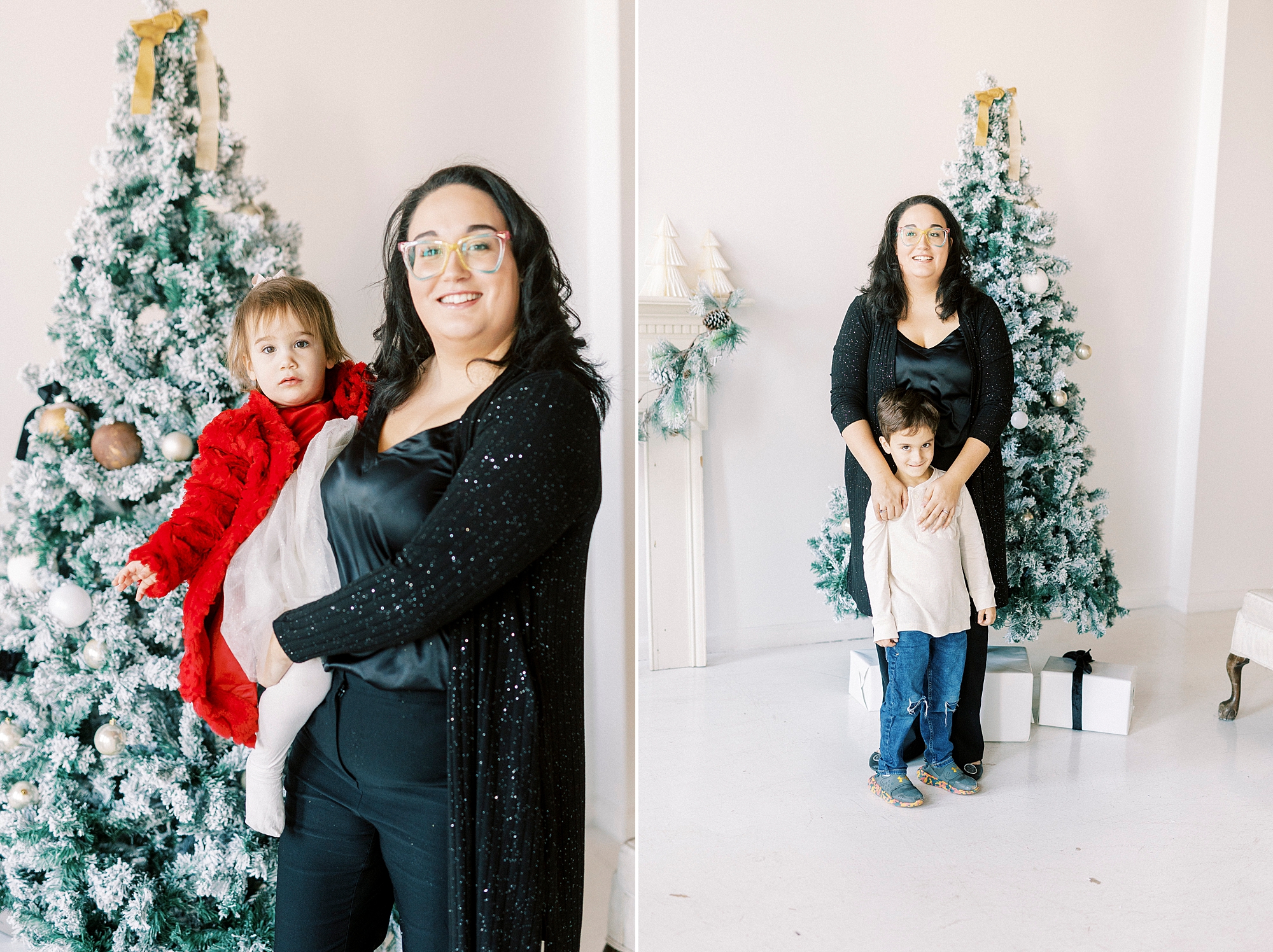 mom poses with children during Christmas portraits in Downtown Concord studio