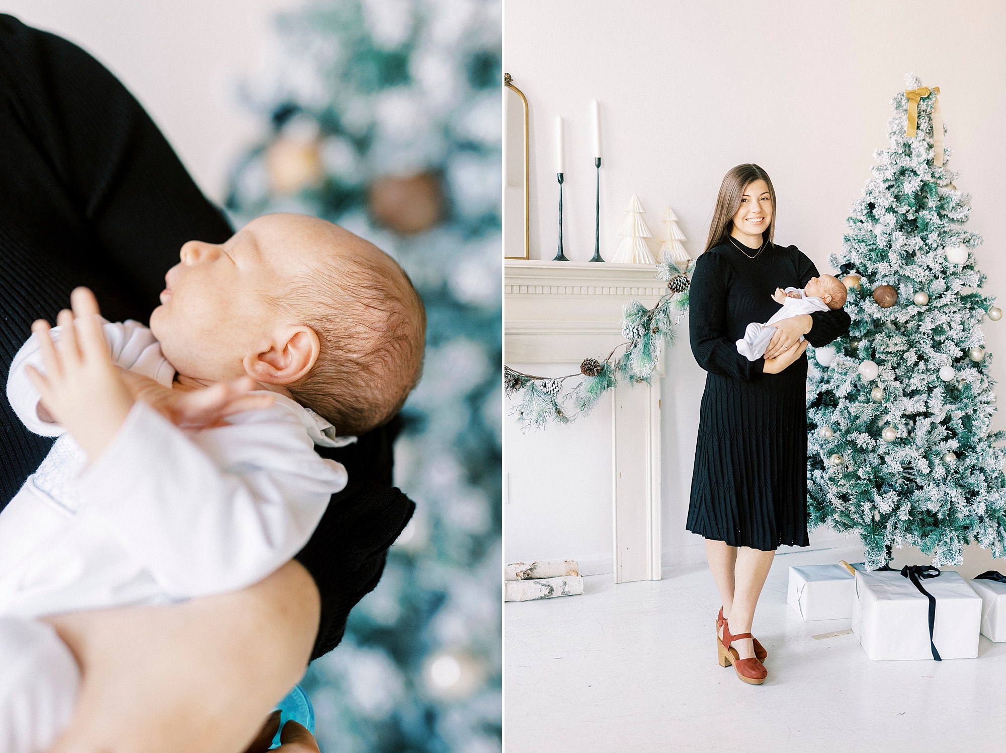 mother in black dress hugs baby boy by Christmas tree during studio portraits in Concord NC 