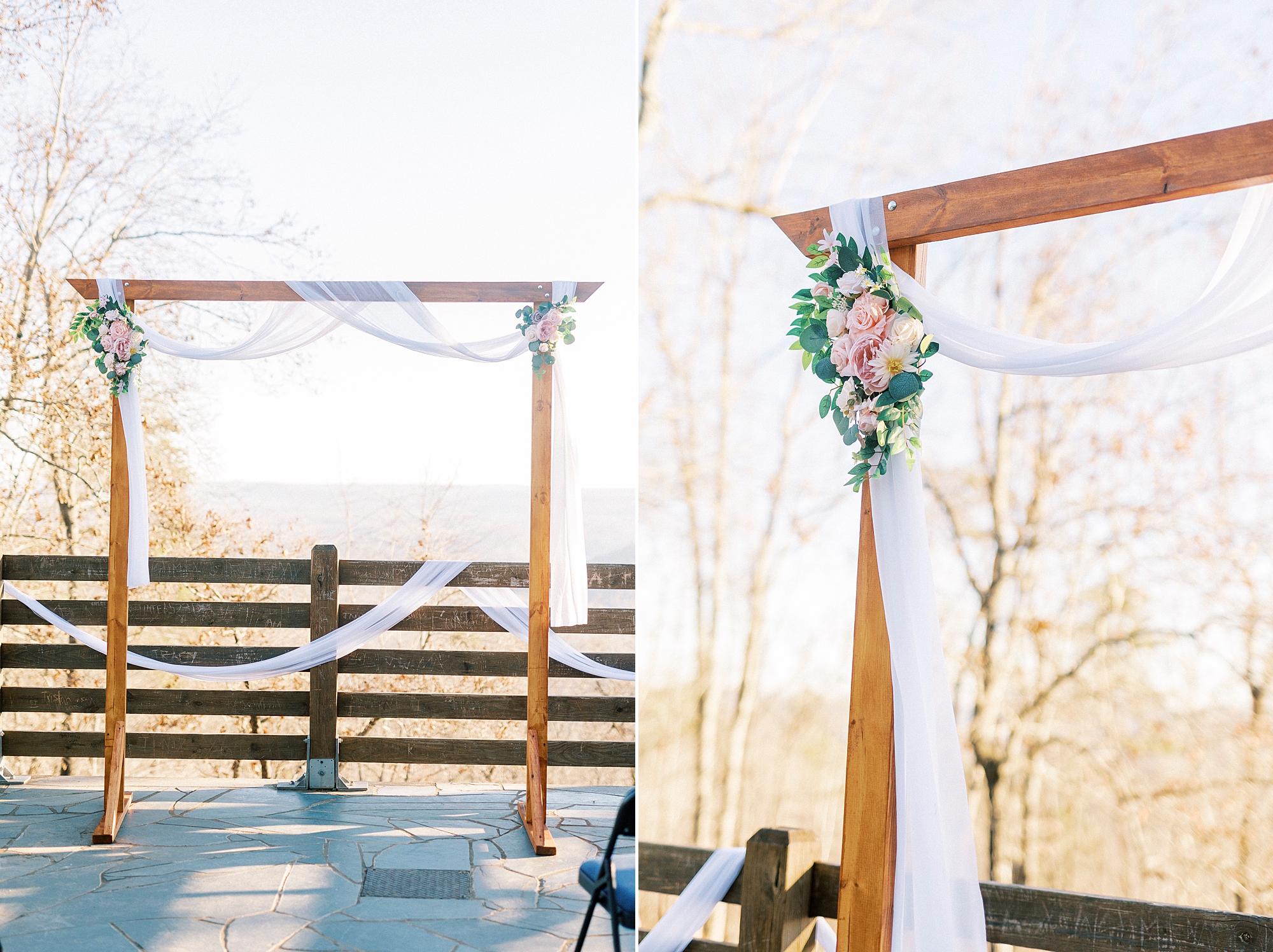 ceremony arbor with pink flowers and white fabric draped on top on Morrow Mountain