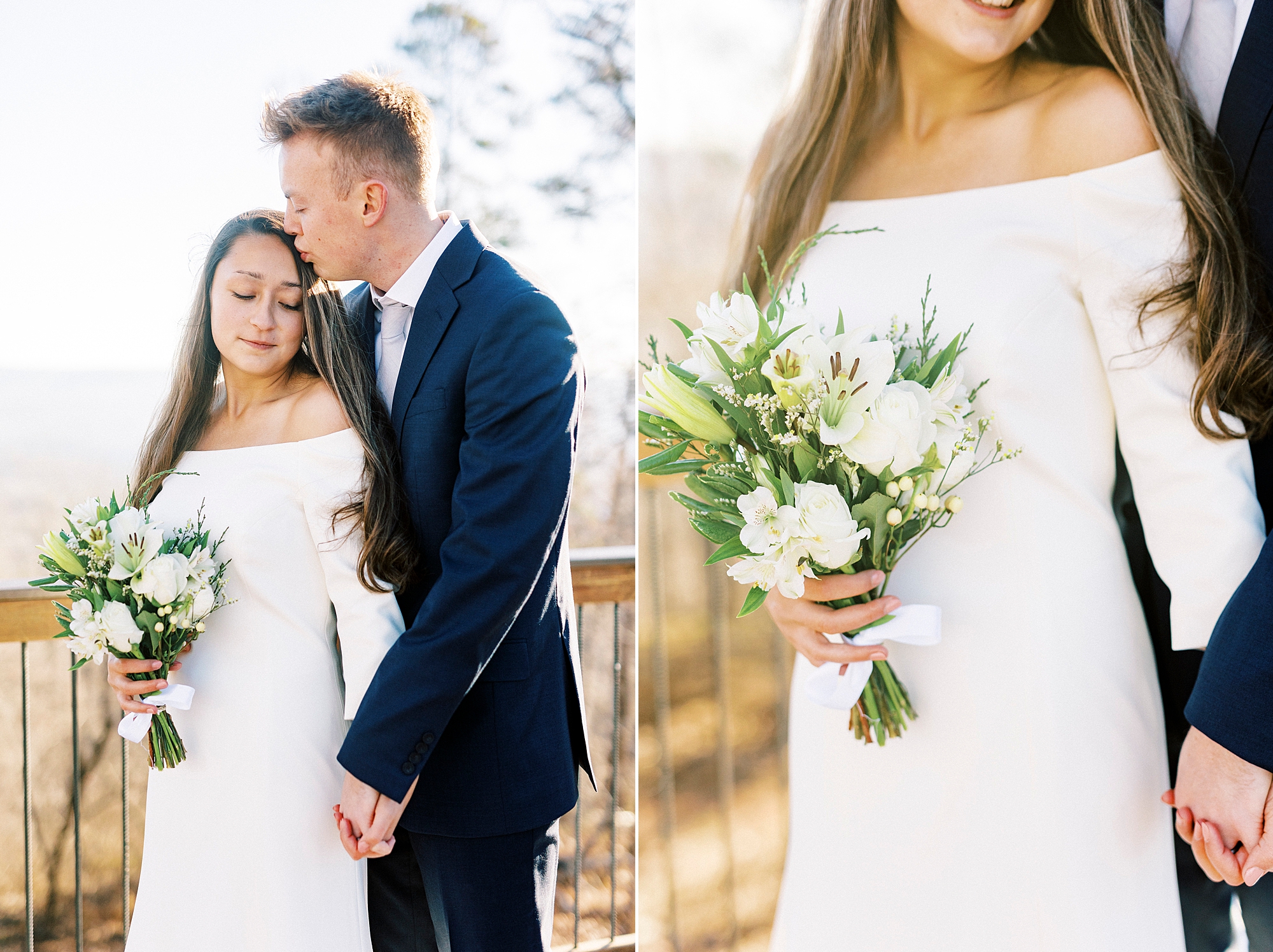 bride in off-the-shoulder long sleeve wedding gown holds bouquet of ivory flowers 
