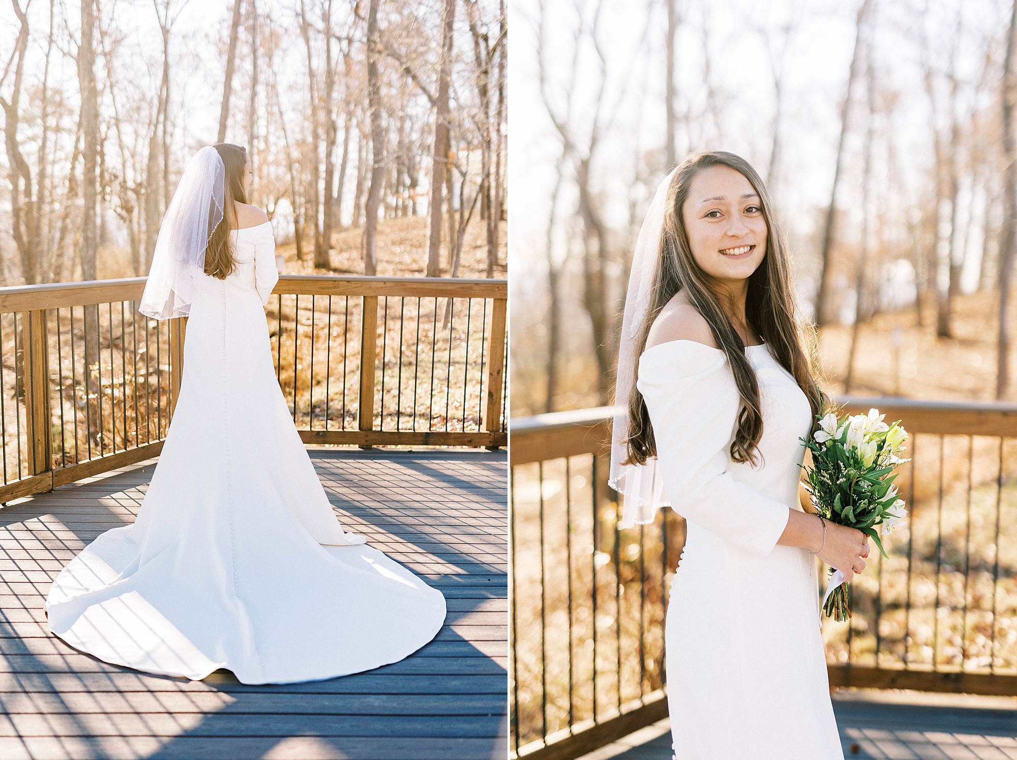 bride smiles looking over shoulder in long-sleeve wedding gown