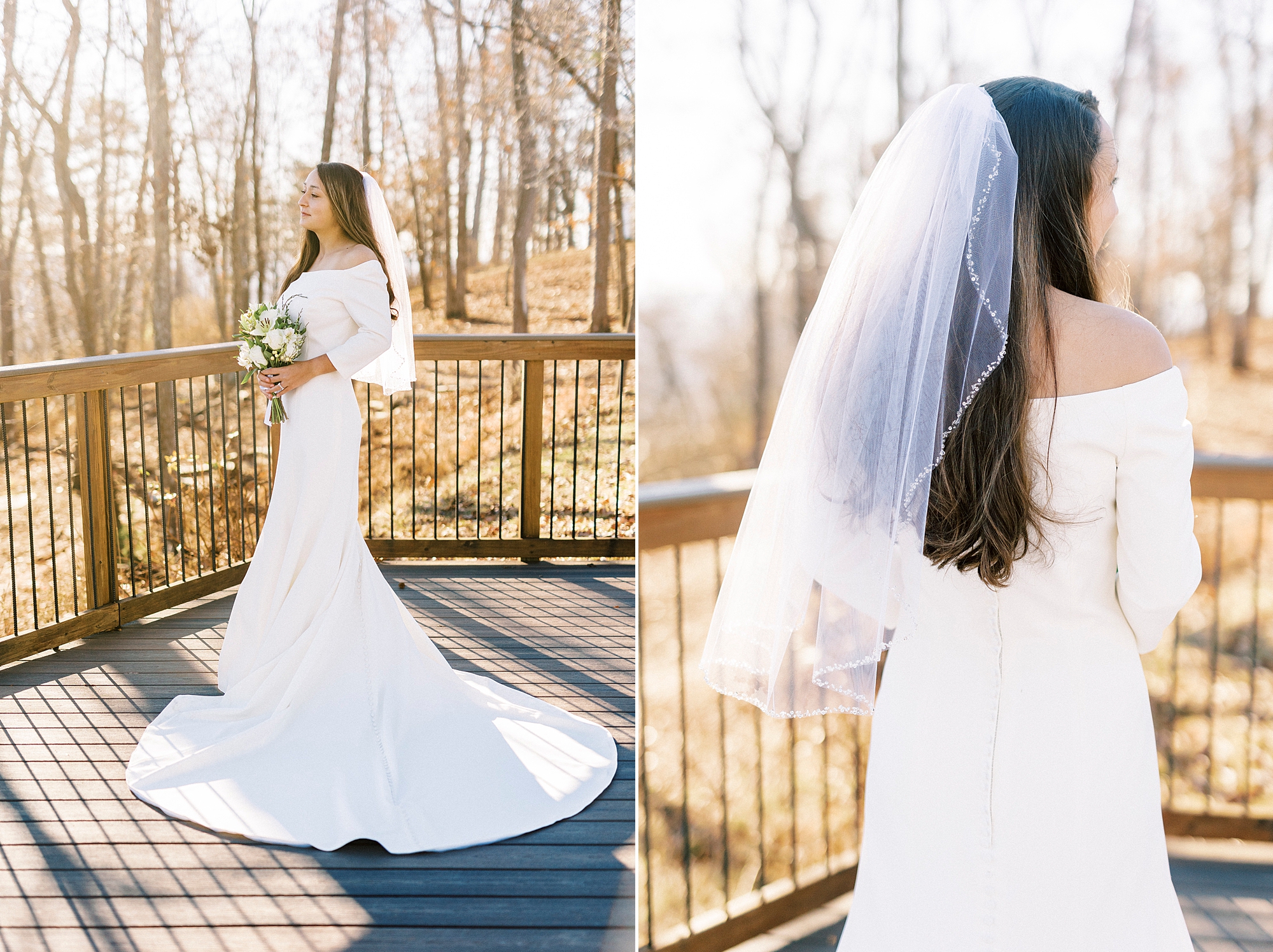 bride stands in off-the-shoulder long sleeve wedding gown with short veil