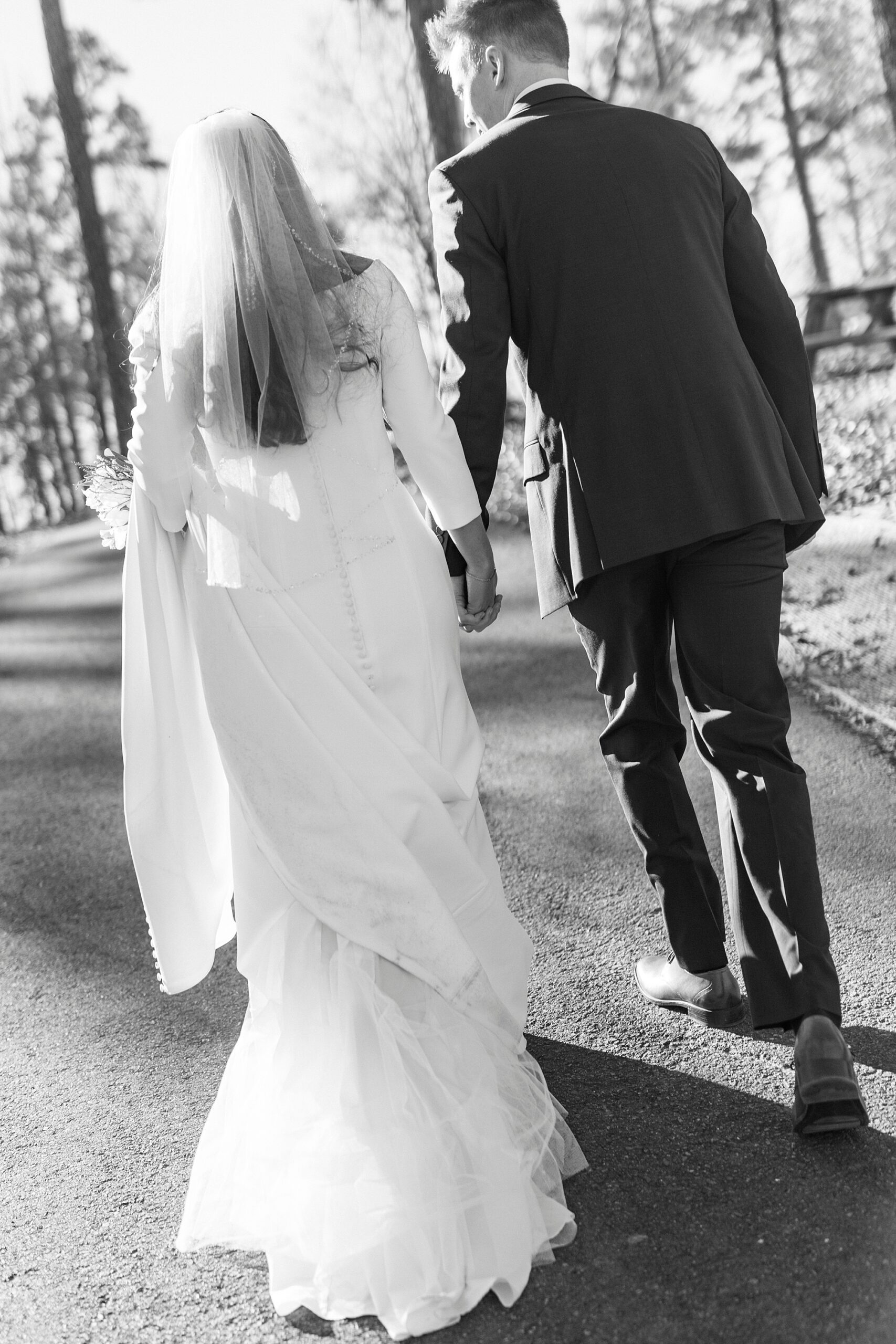 bride and groom hold hands walking up hill at Morrow Mountain