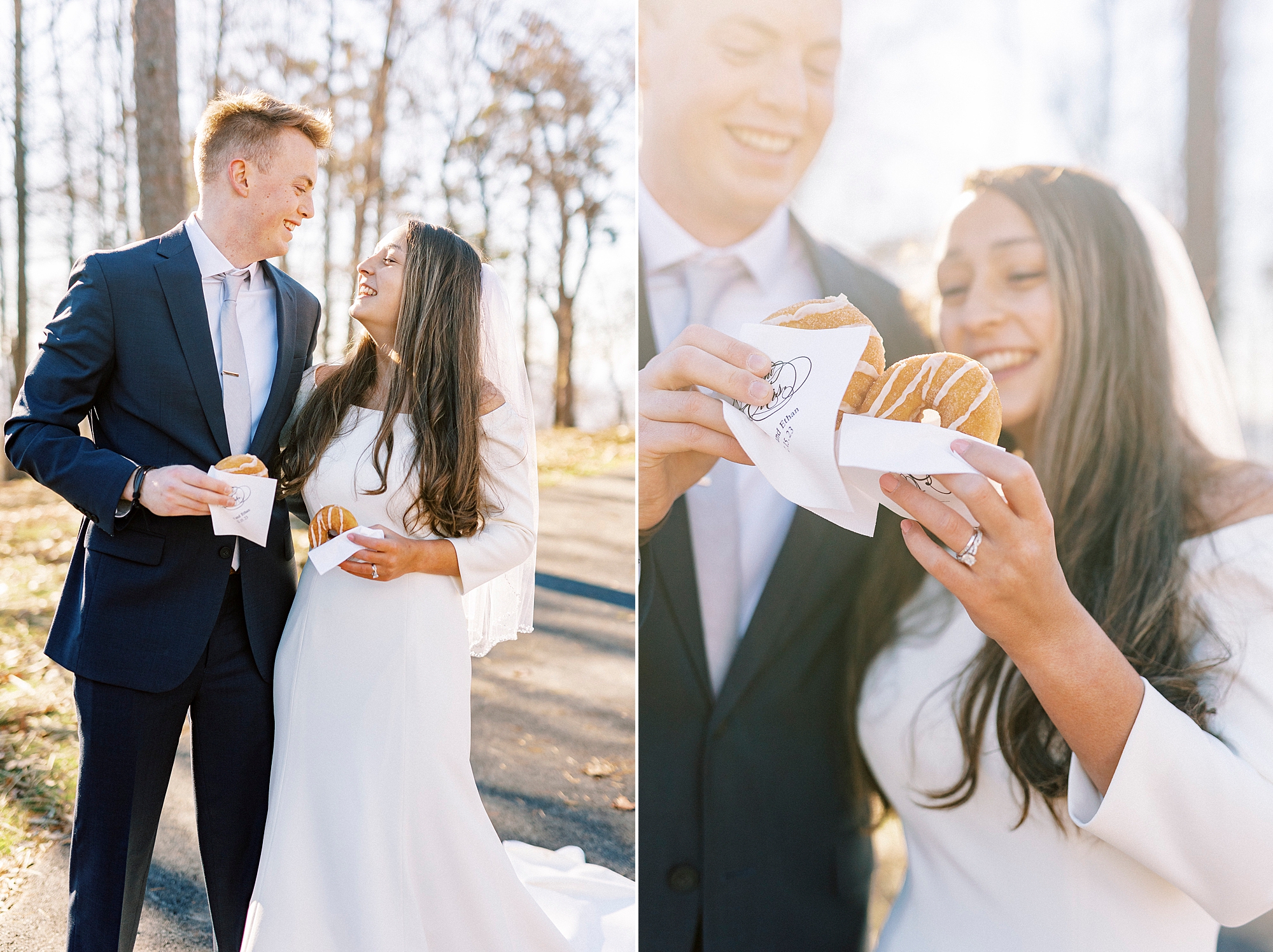 bride and groom eat donuts and drink coffee during early morning wedding on Morrow Mountain