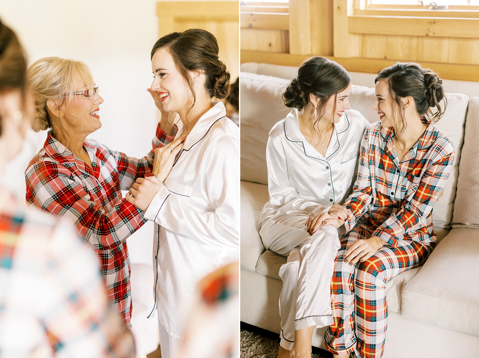 bride prepares for wedding day with bridesmaids in red plaid pajamas 
