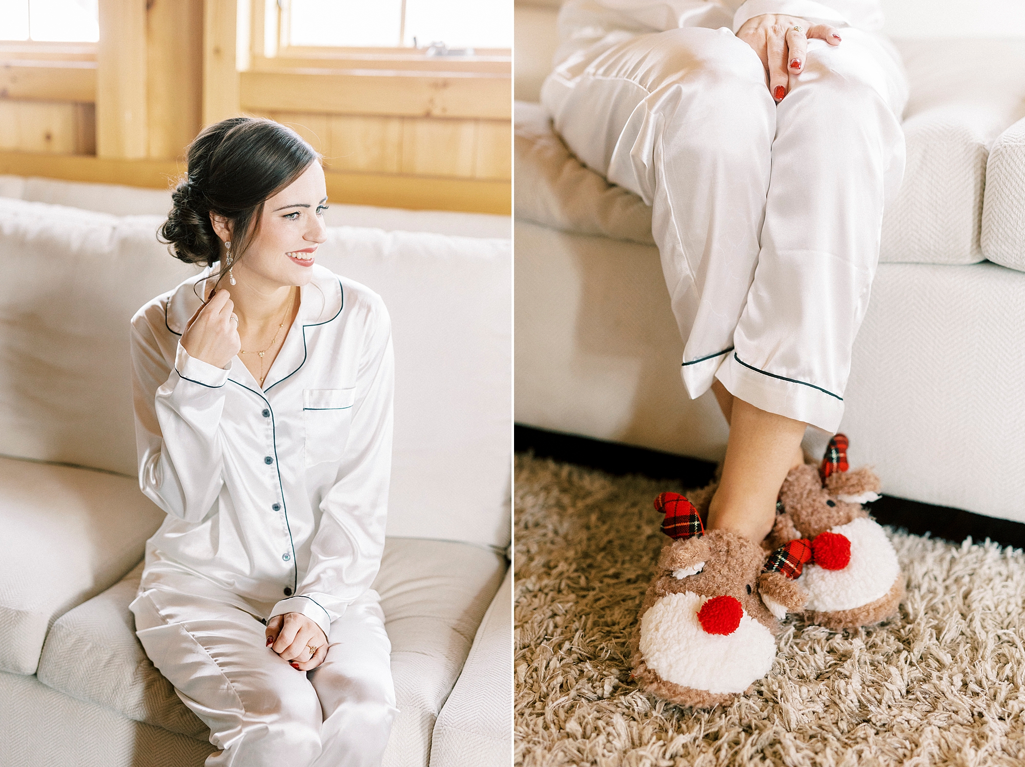 bride sits in white satin pajamas with red and white slippers 