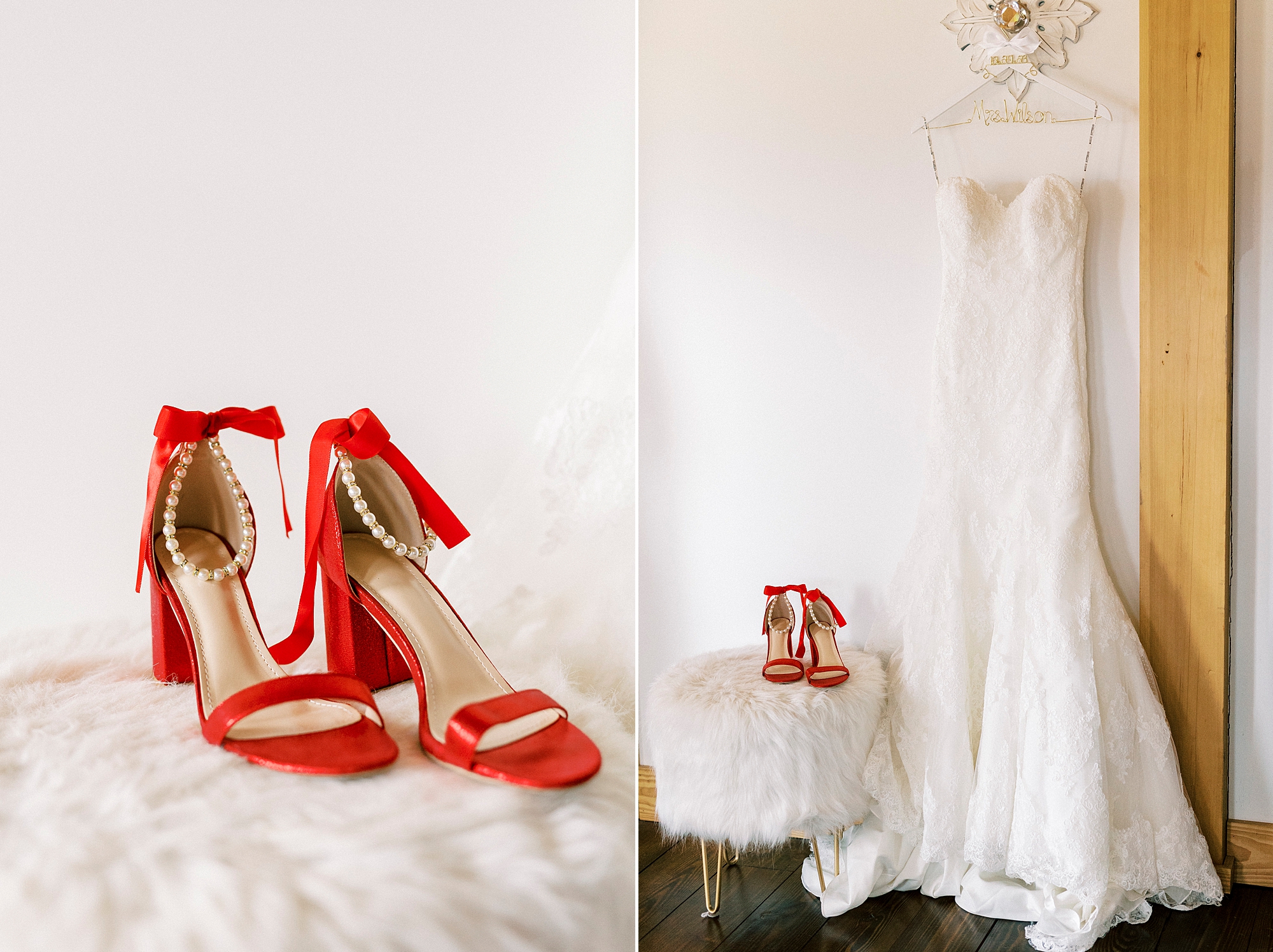bride's holiday red heels rest next to wedding gown at Chickadee Hill Farms