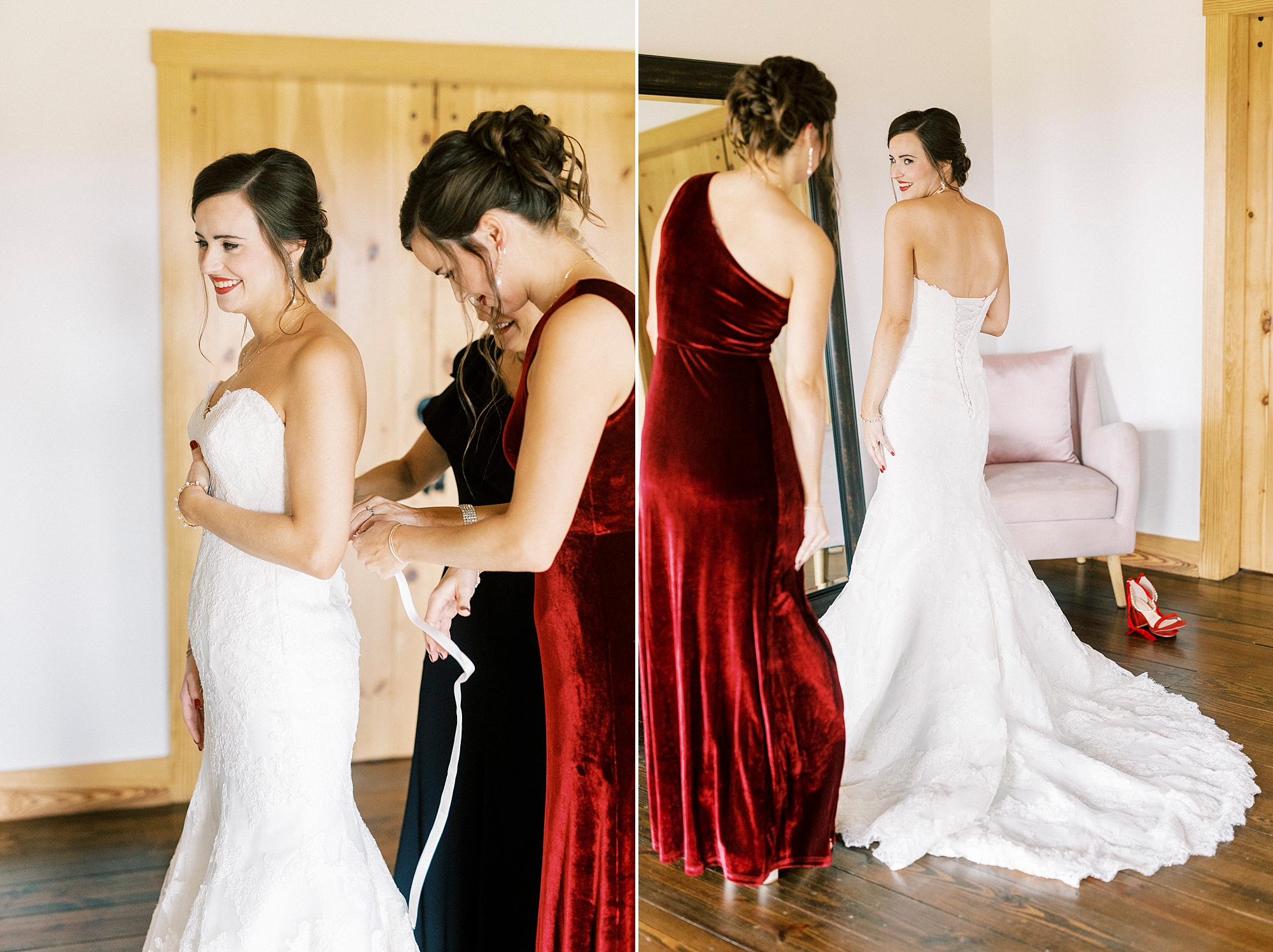 bridesmaids help bride into wedding dress in bridal suite at Chickadee Hill Farms