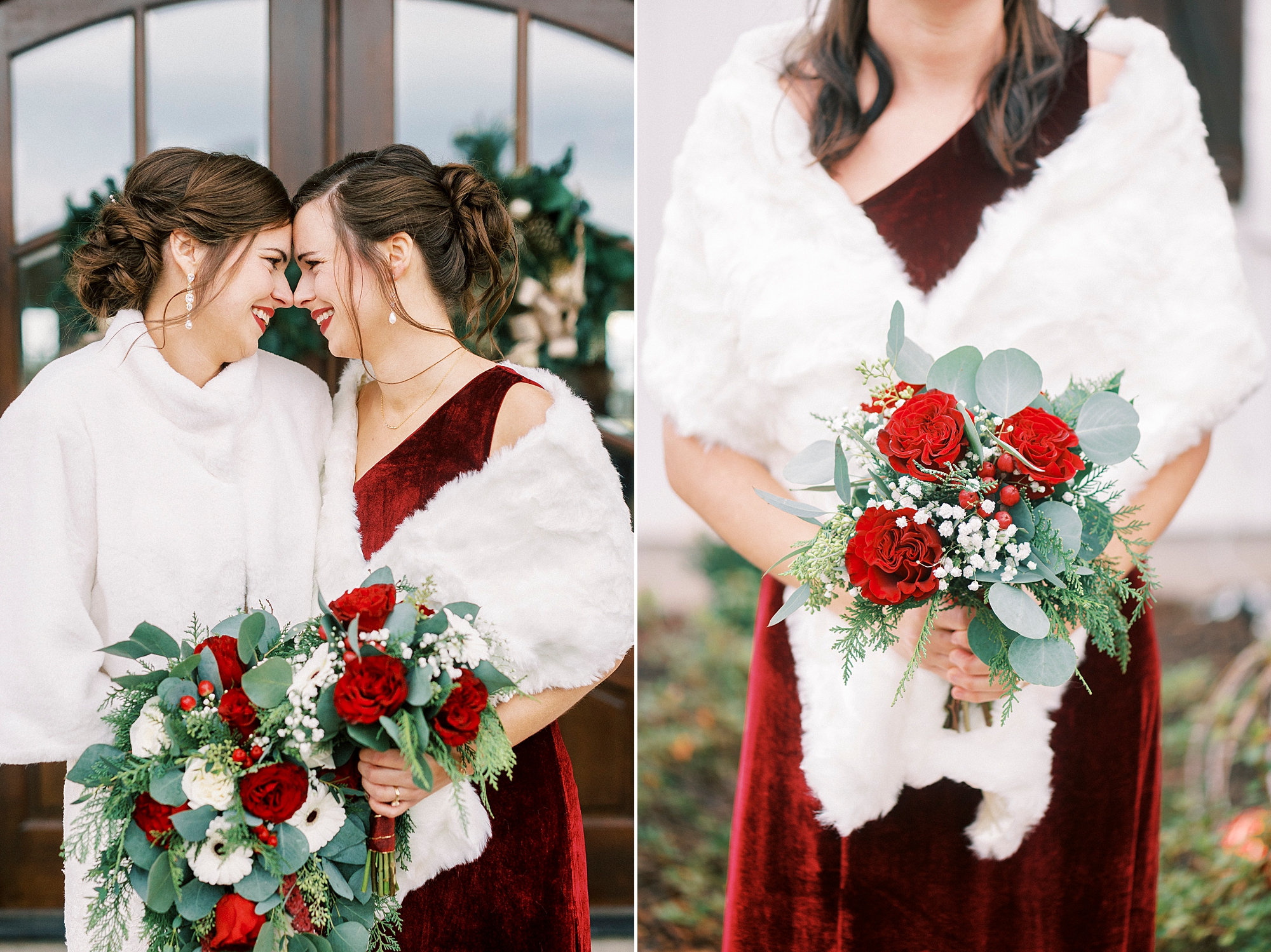 bride and bridesmaid lean heads together in red gowns with white furs at Chickadee Hill Farms