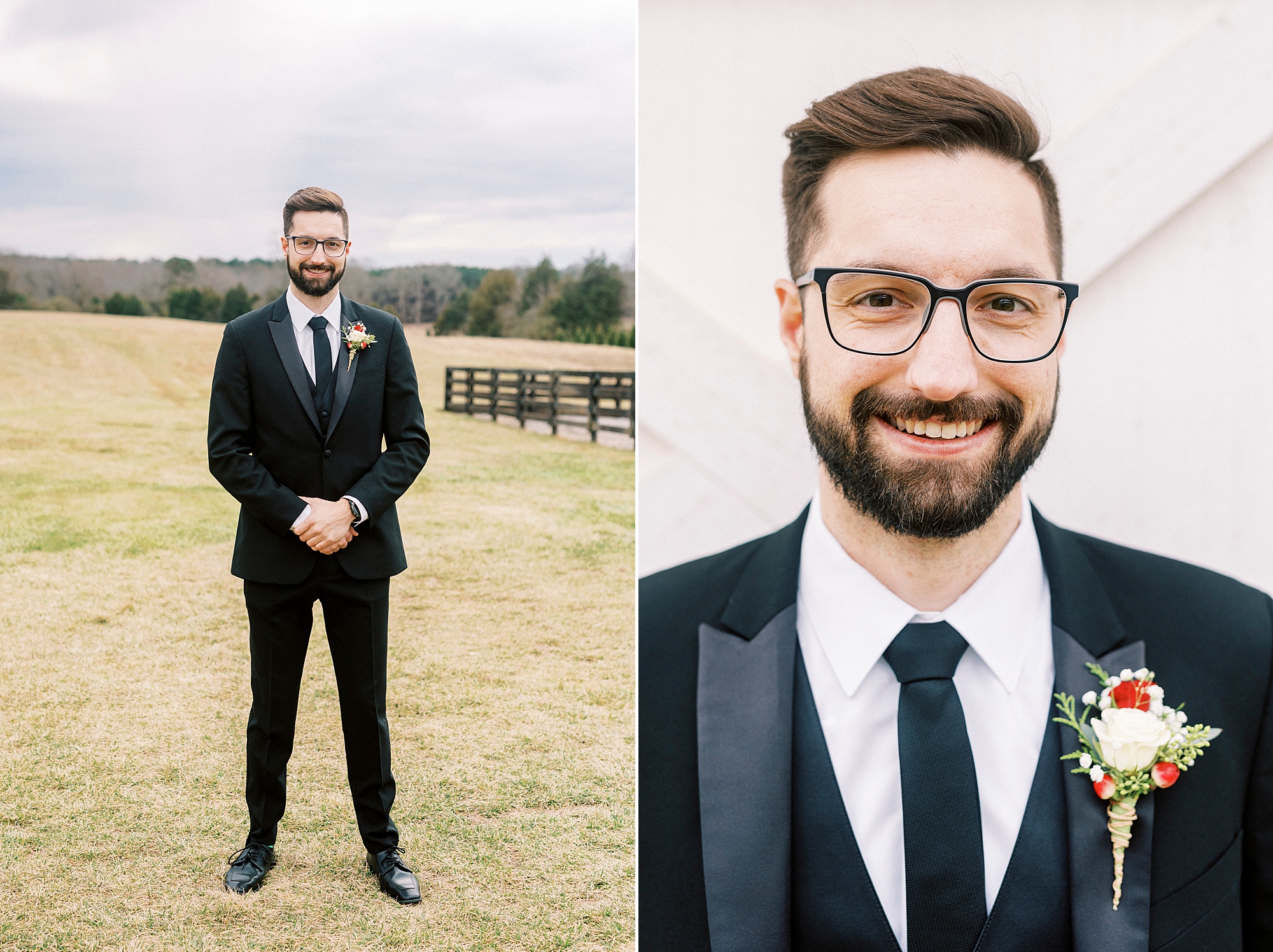 groom stands on lawn with red and white boutonnière at Chickadee Hill Farms