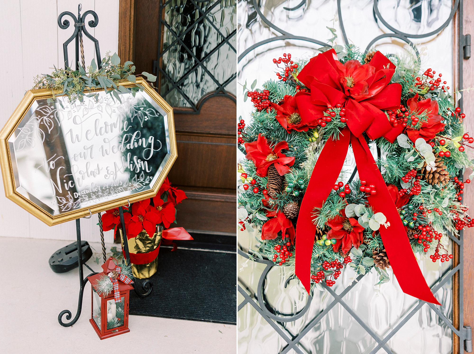 wreath with red flowers and welcome sign for winter Chickadee Hill Farms wedding