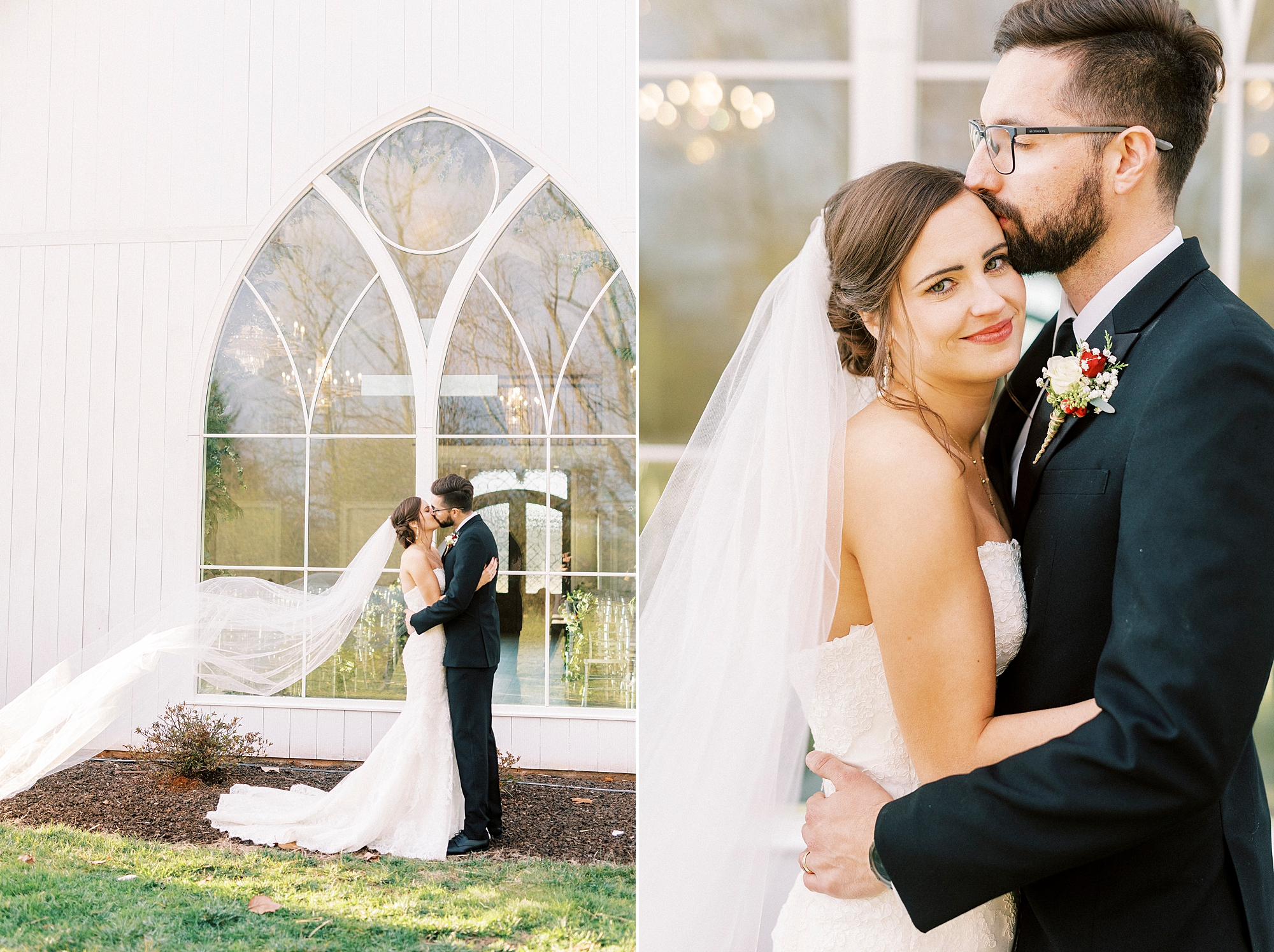 groom hugs bride around waist and kisses her forehead in front of white window at Chickadee Hill Farms