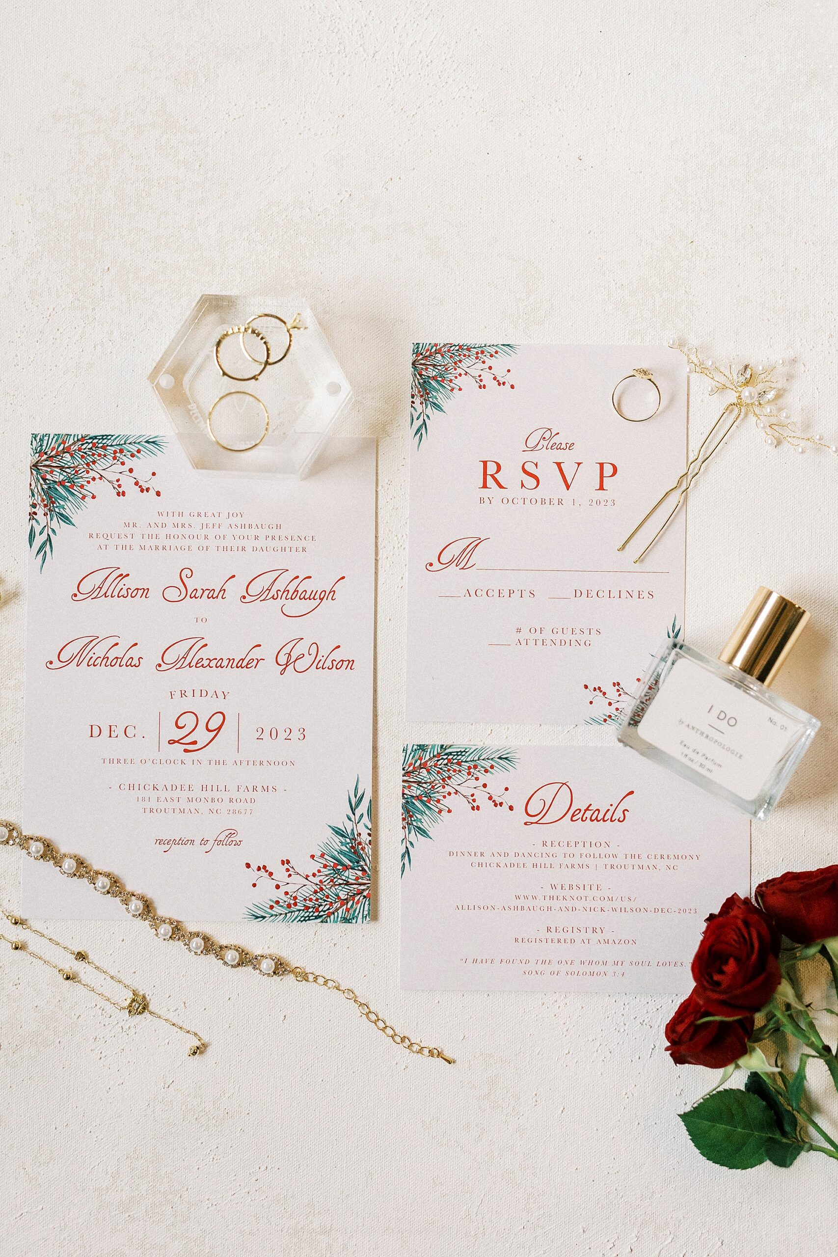 red, white, and green invitation suite for holiday wedding at Chickadee Hill Farms