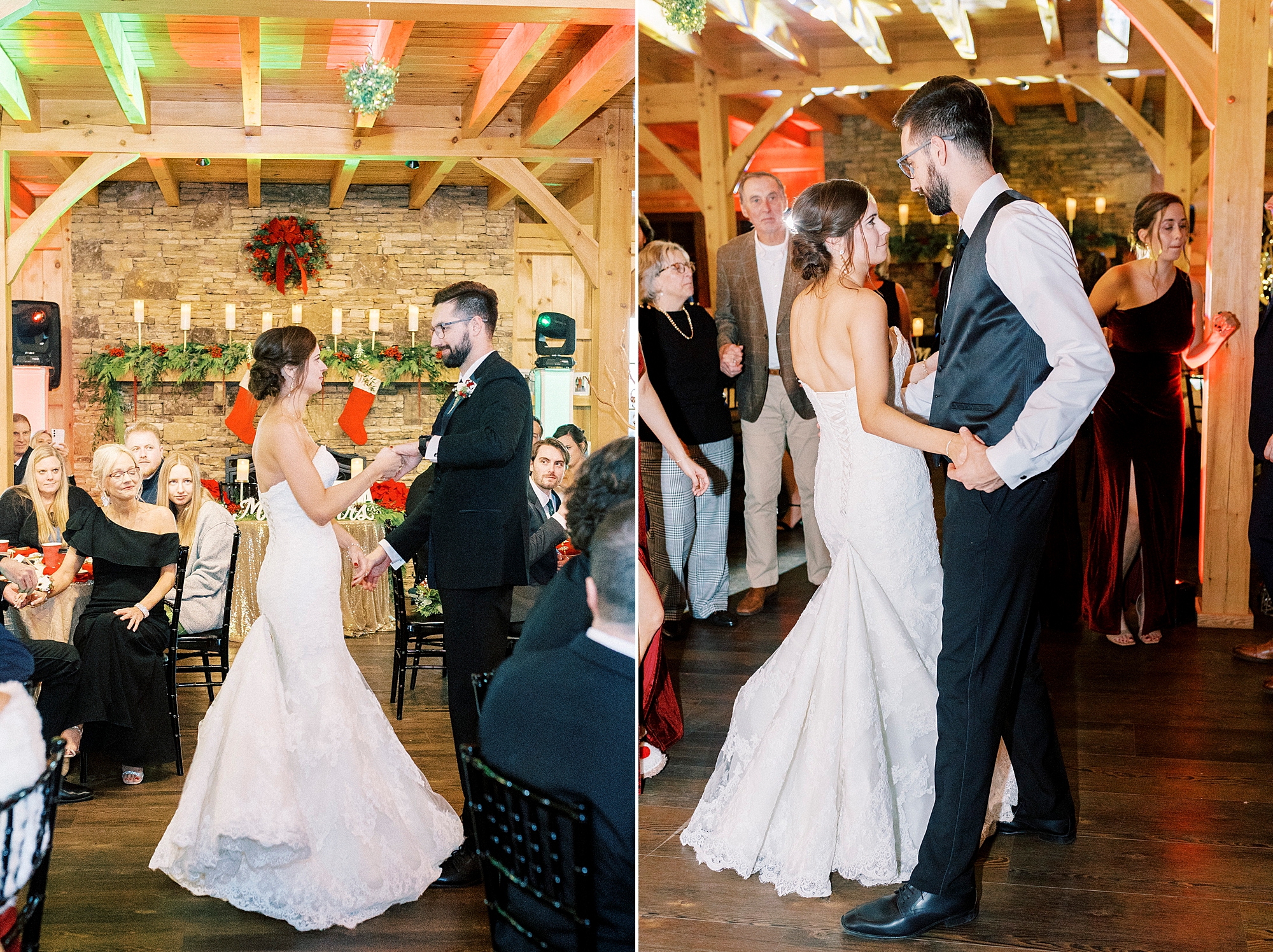 newlyweds dance together in barn at Chickadee Hill Farms