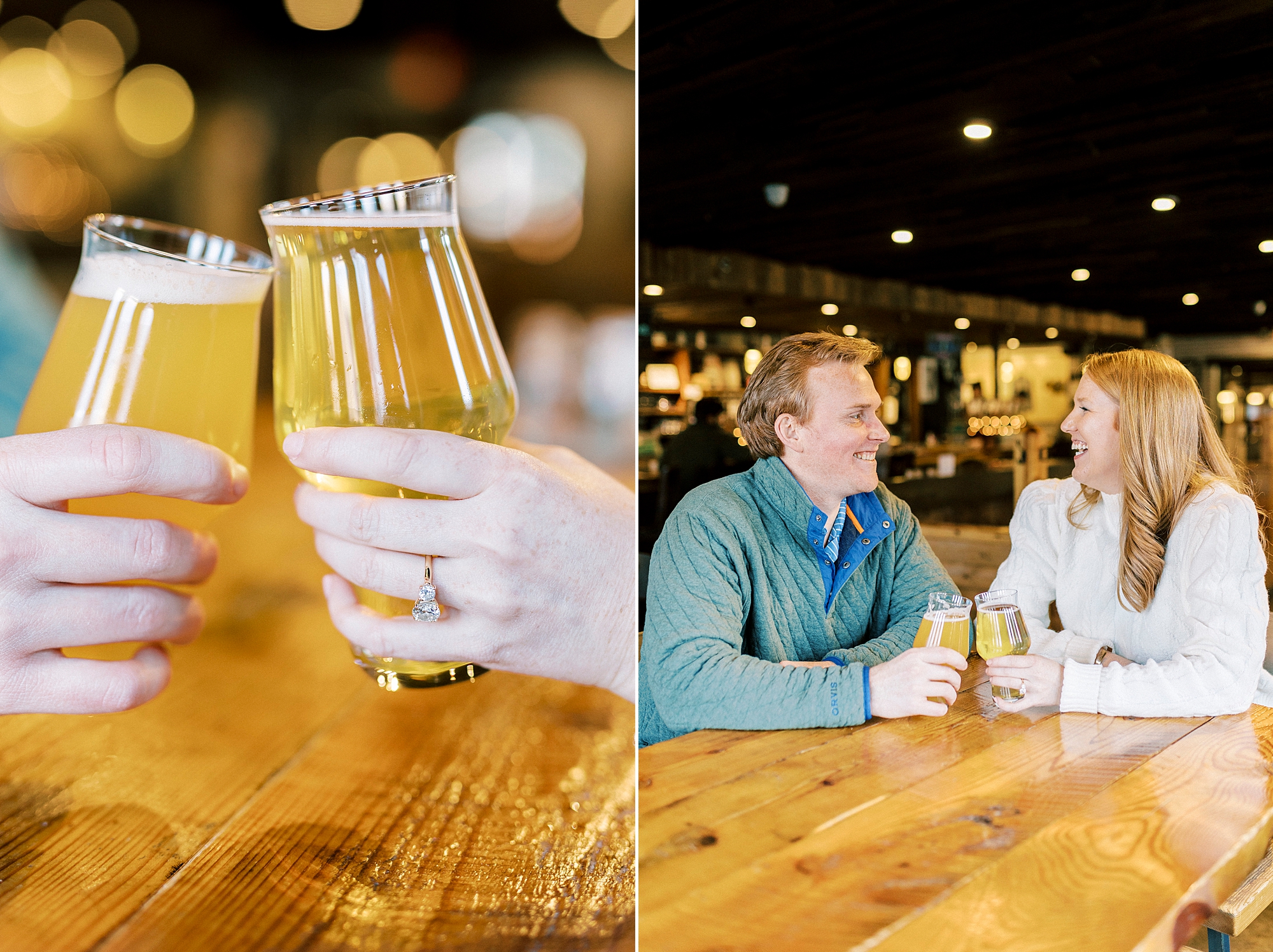 engaged couple holds beers showing off bride's ring at Legion Brewing in Charlotte NC