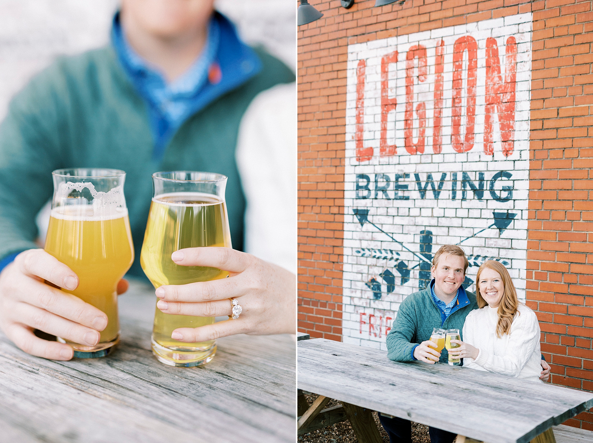 couple sits outside brick wall at Legion Brewing in Charlotte NC