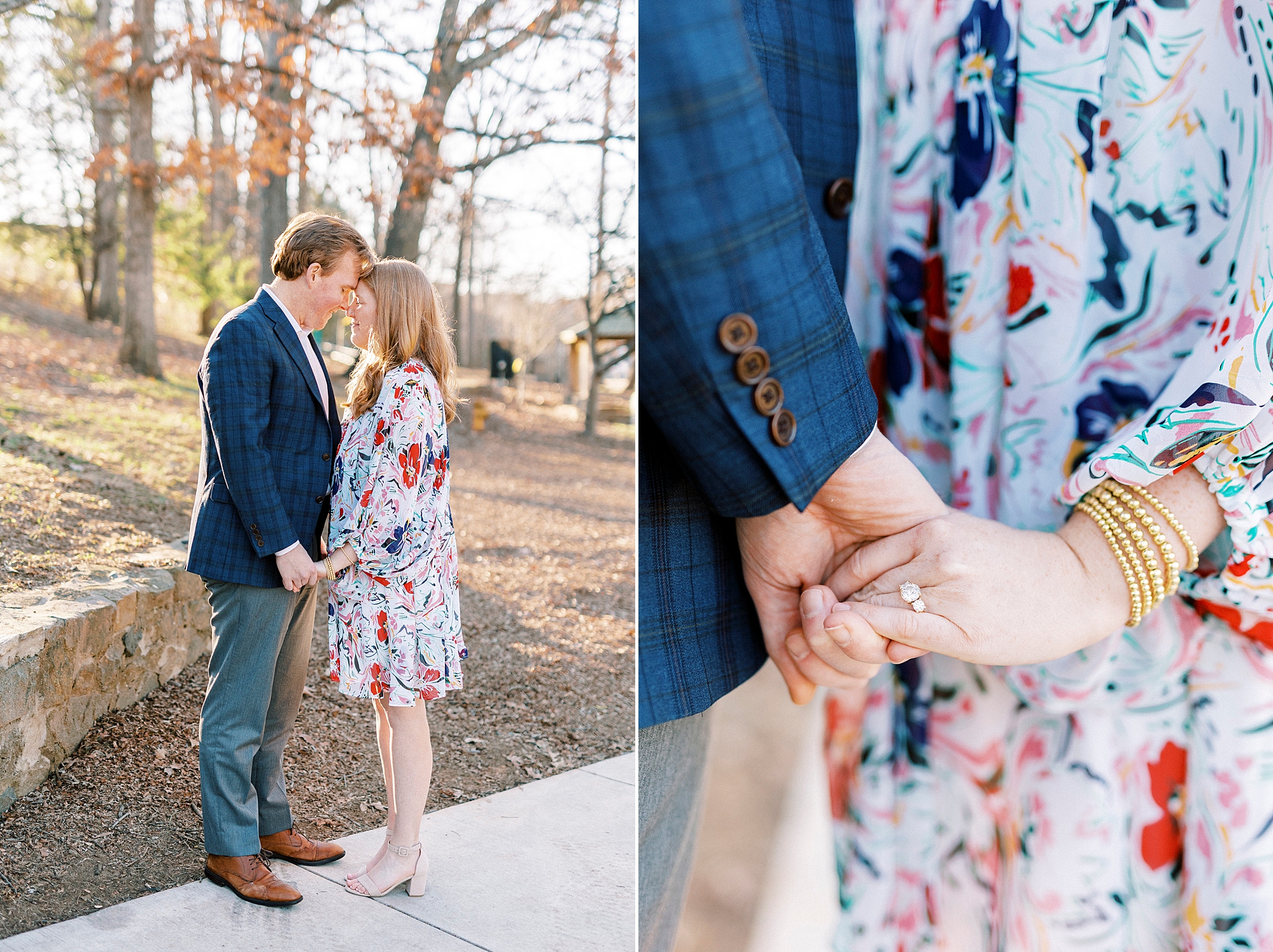 couple holds hands by stone wall showing off bride's ring at Independence Park