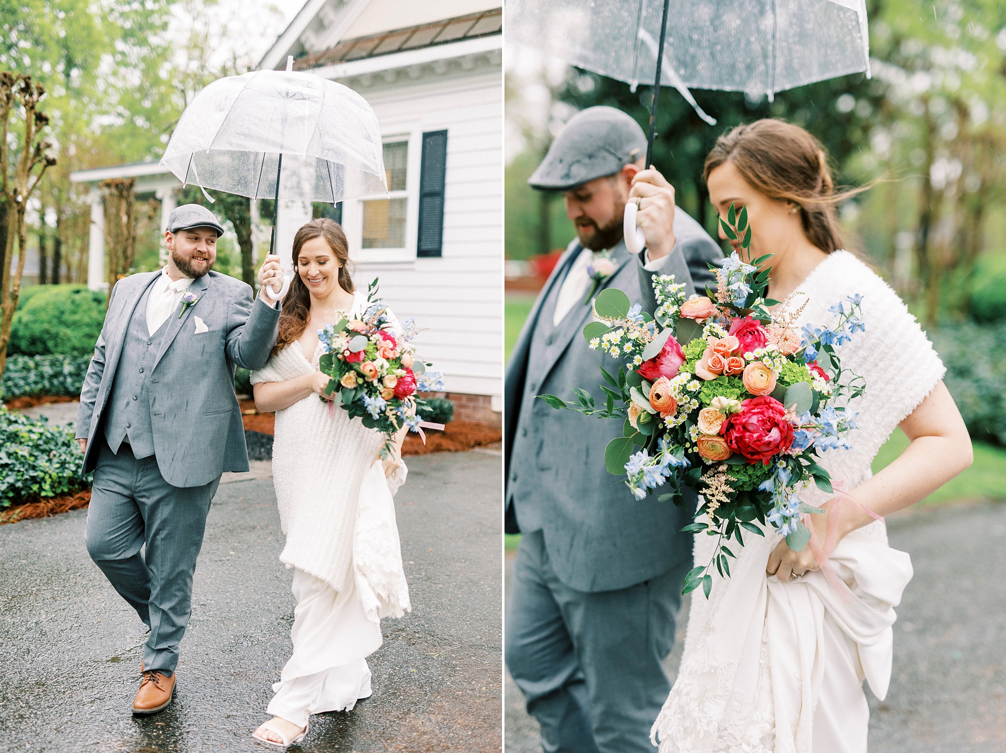 couple walks under bubble umbrella during rainy wedding day