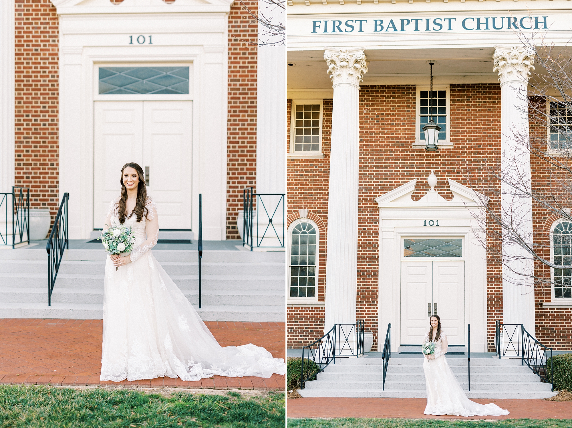 bridal portraits Downtown Kannapolis in front of church