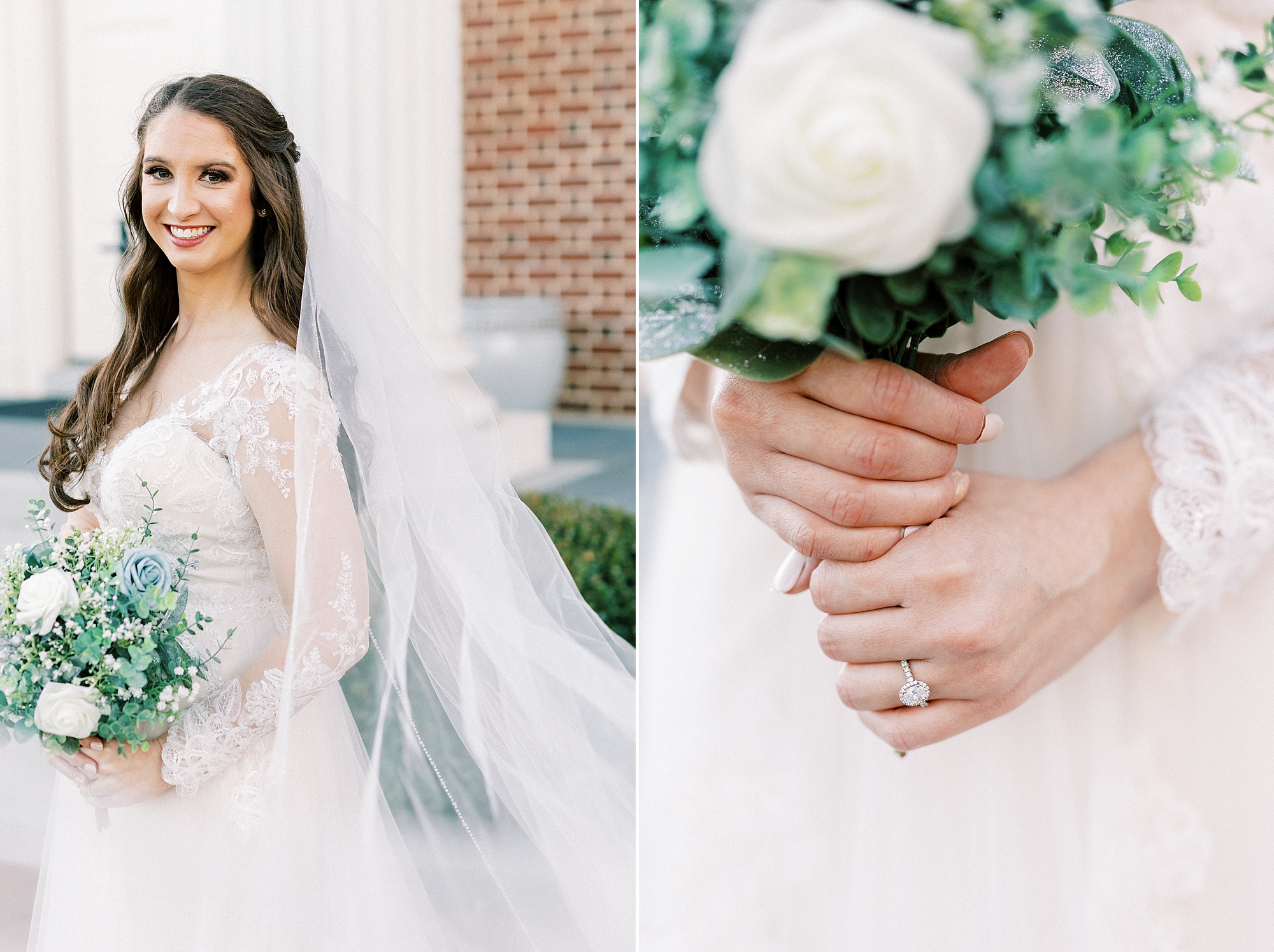 bride holds bouquet of white roses during bridal portraits Downtown Kannapolis