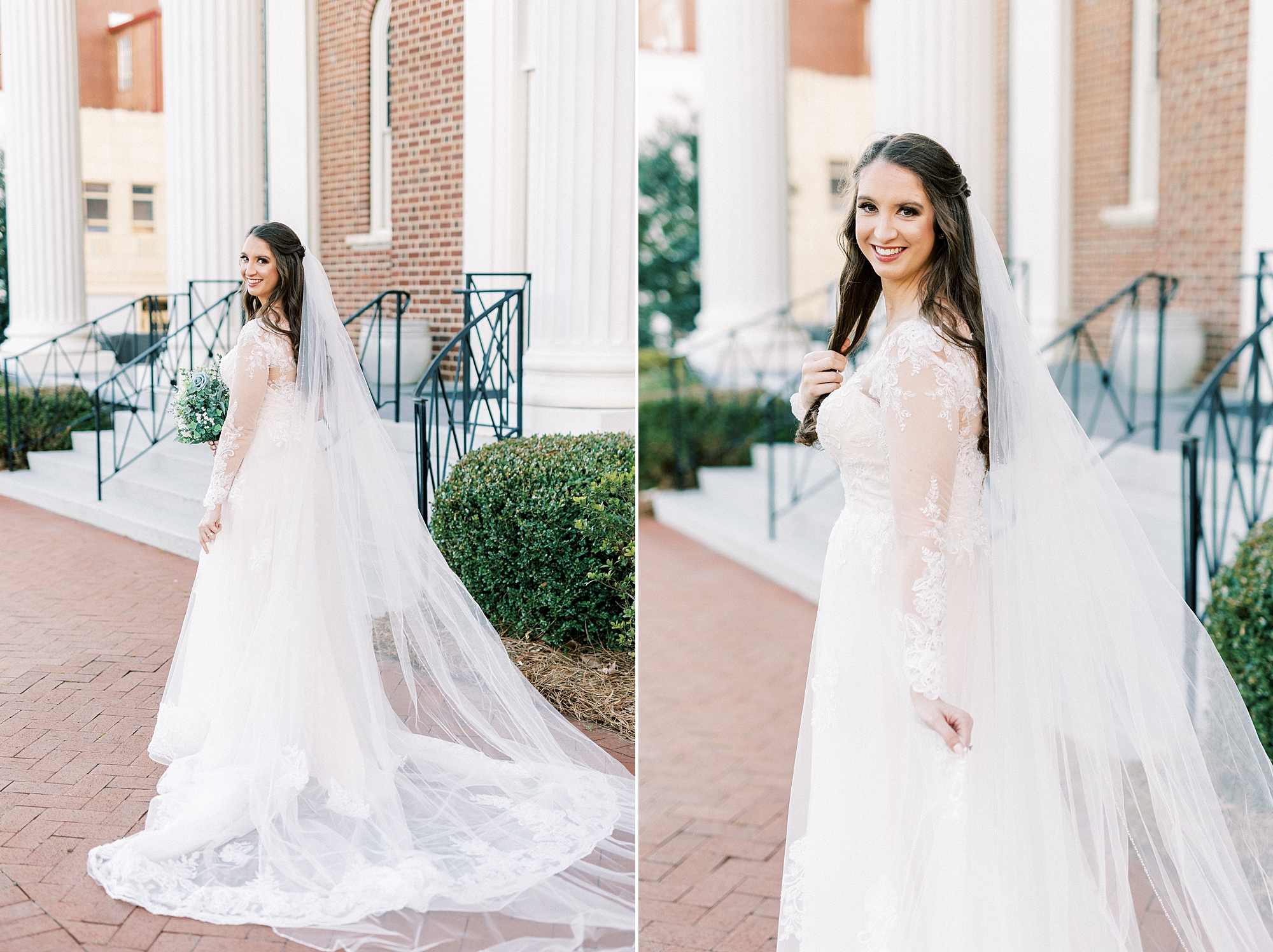 bride looks over shoulder during bridal portraits in Downtown Kannapolis
