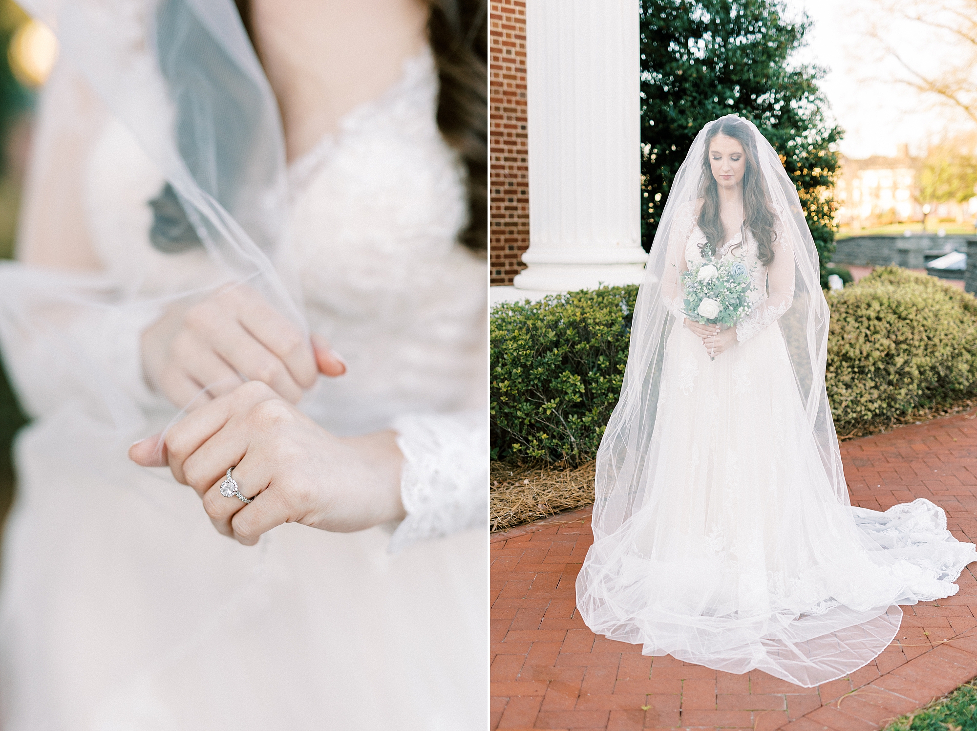 bride holds bouquet of white flowers under veil with wedding gown featuring lace sleeves
