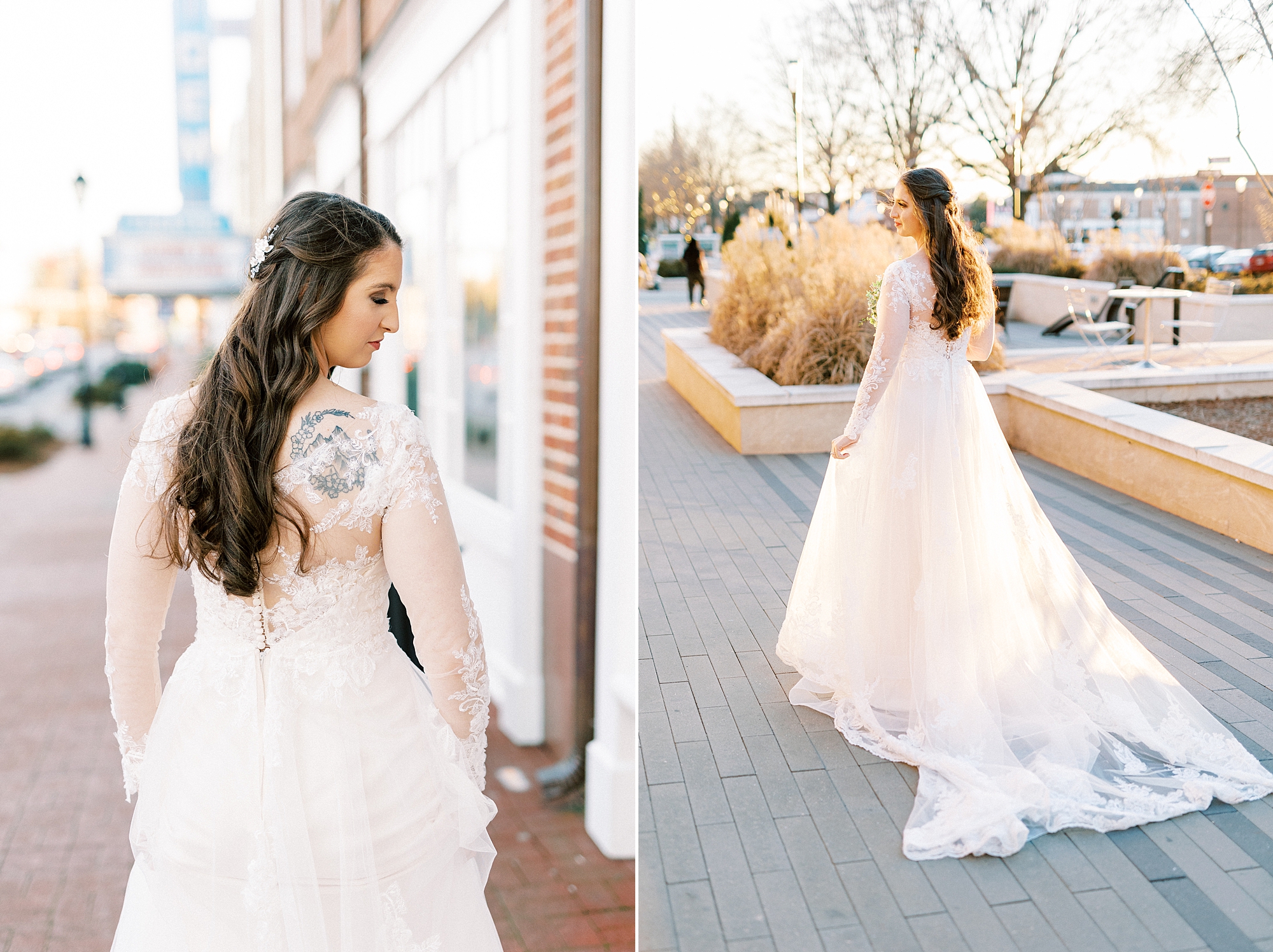bride shows off lace back of wedding gown outside Downtown Kannapolis church