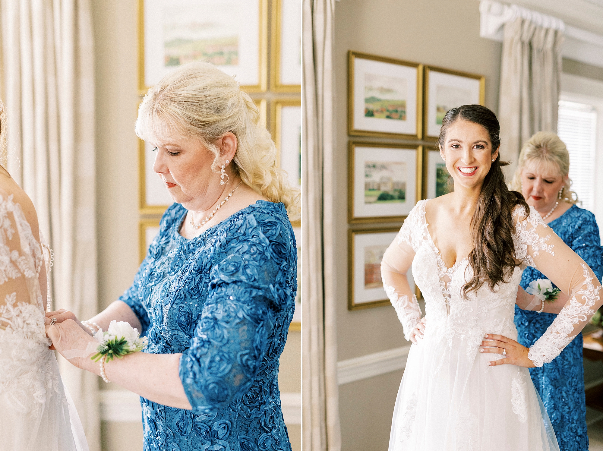 mother in blue dress helps bride into wedding gown