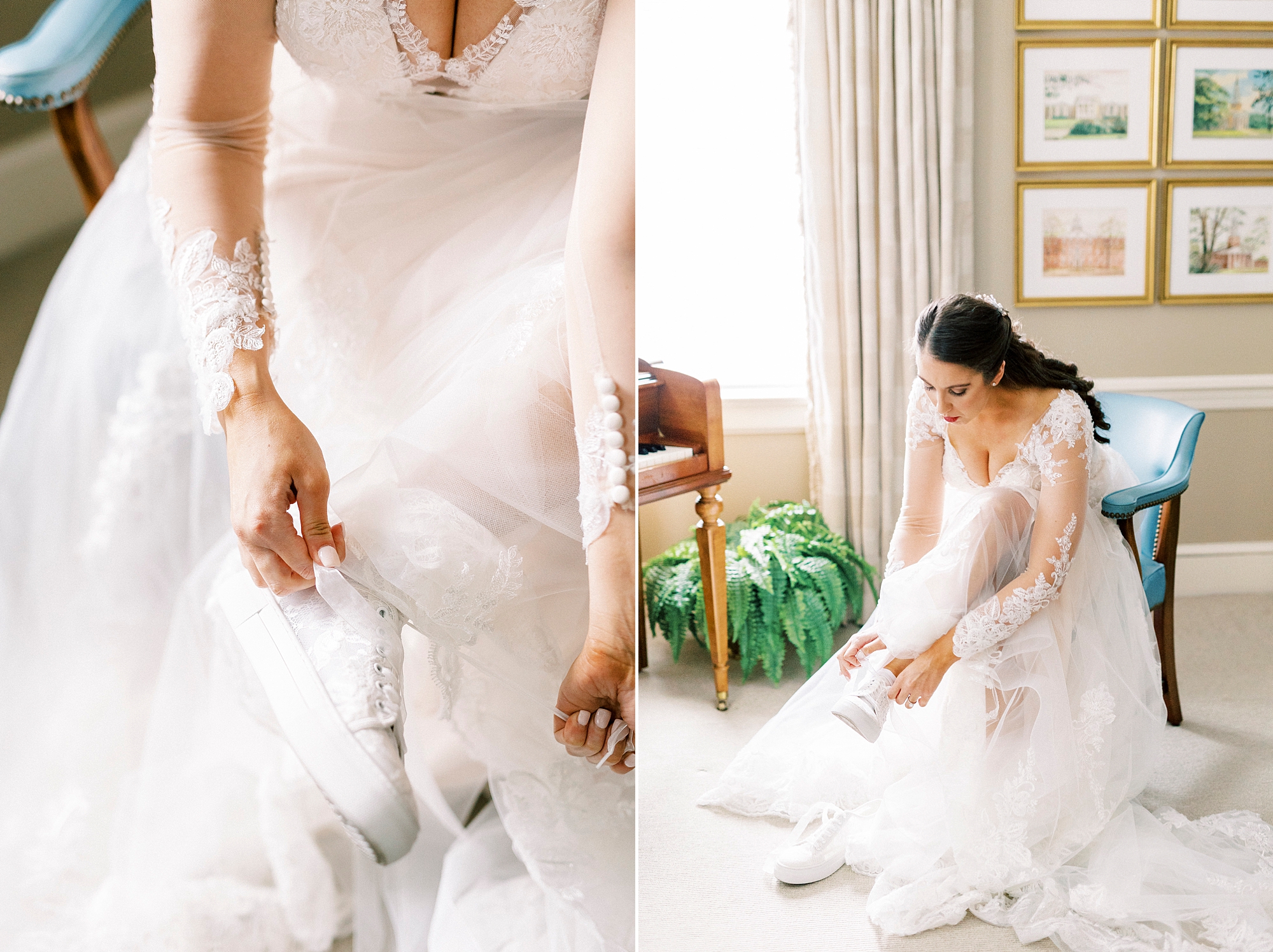 bride puts on shoes sitting at home during prep for Downtown Kannapolis wedding